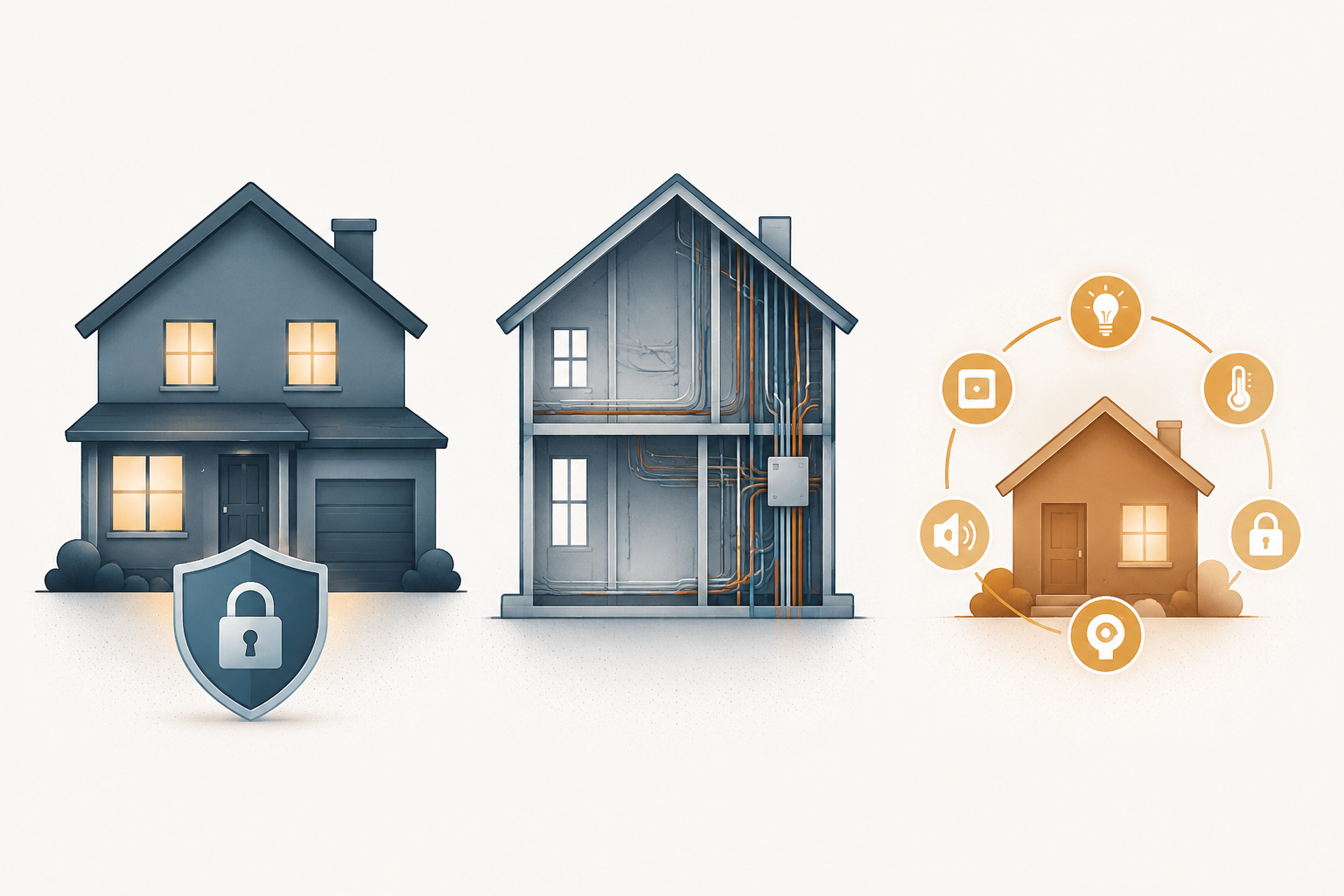 Three smart home giveaway types shown as turnkey proprietary, smart-ready unfinished, and smaller ecosystem-coherent houses