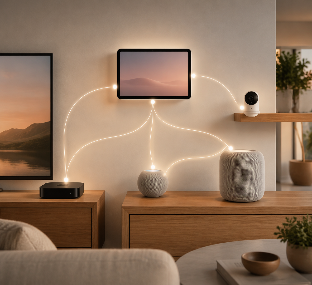Connected Apple-style display hub, media box, speakers, and camera in a modern home