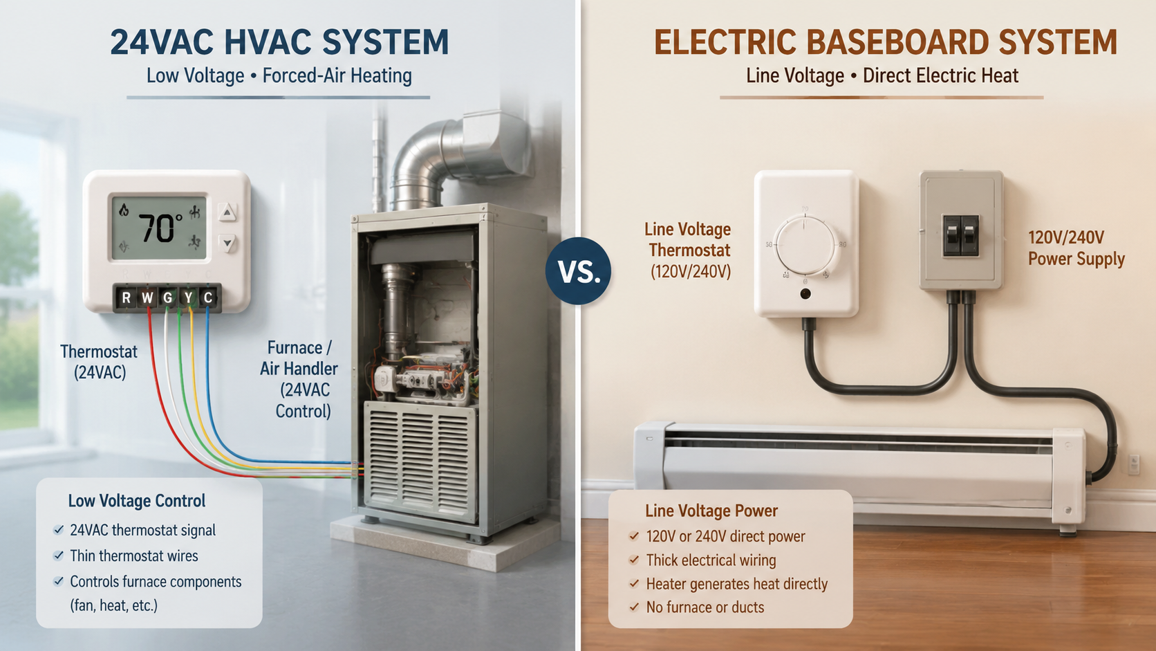 Comparison of low-voltage 24VAC HVAC wiring and line-voltage electric baseboard wiring