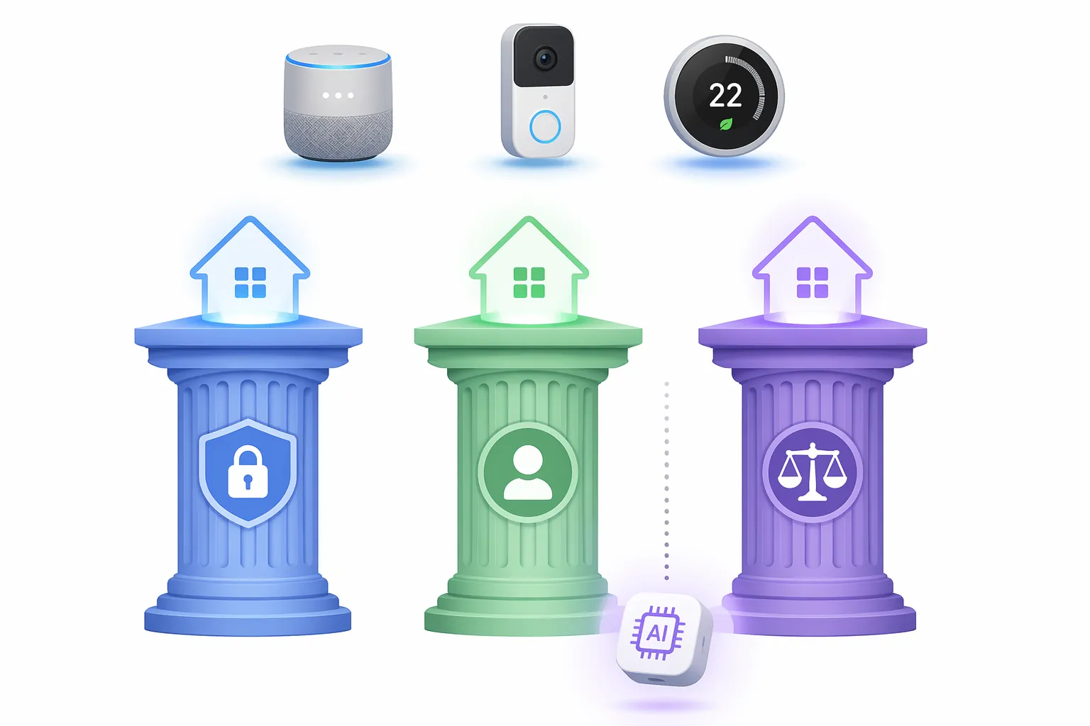 Three regulatory pillars labelled PSTI, ICO, and DUAA under a home icon, with an AI smart-home device falling between them