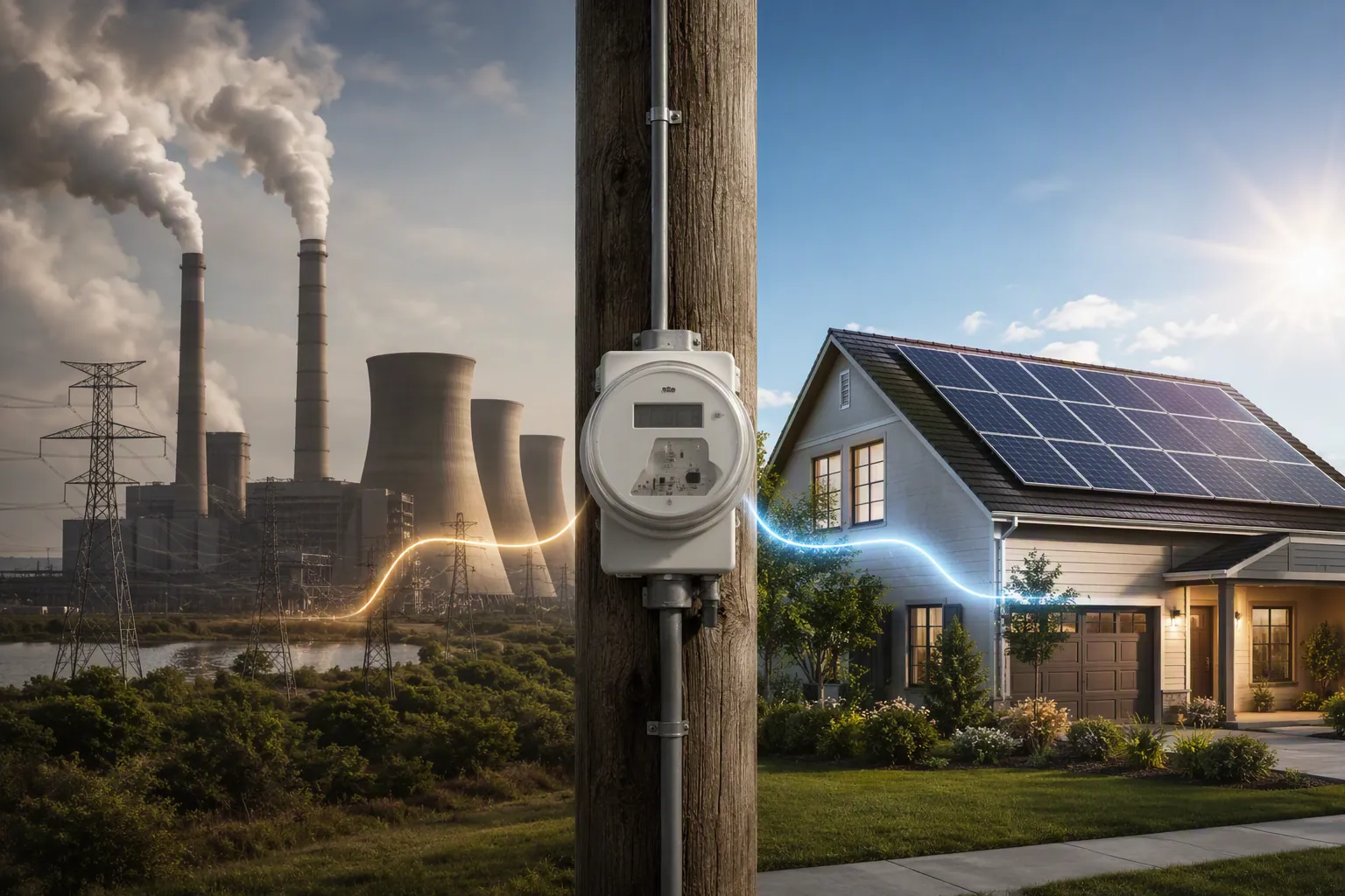 Coal plant, rooftop solar home, and household electric meter showing the homeowner-level solar-versus-coal comparison