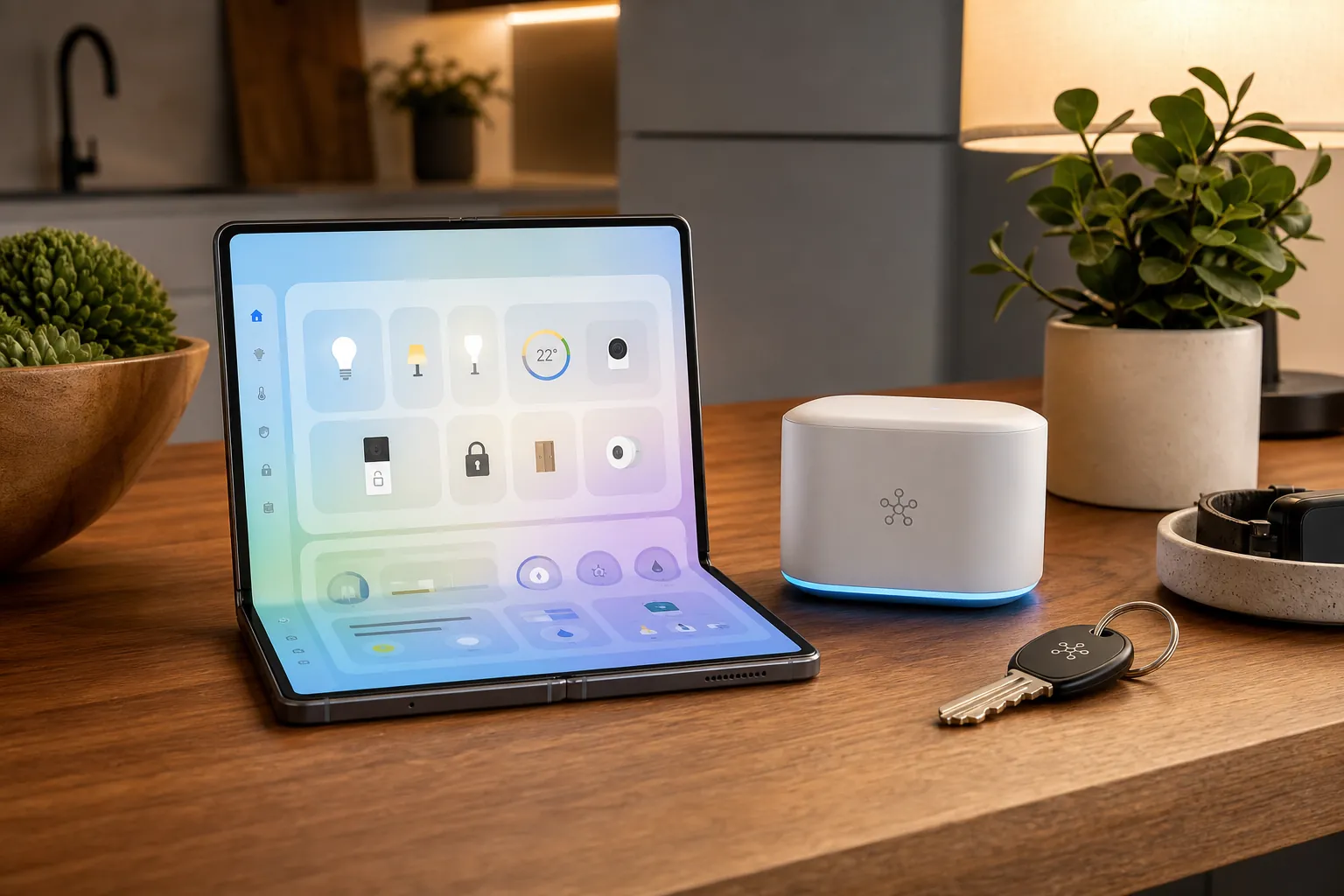 Galaxy Z Fold 8 open in Flex Mode beside a SmartThings Station on a kitchen counter