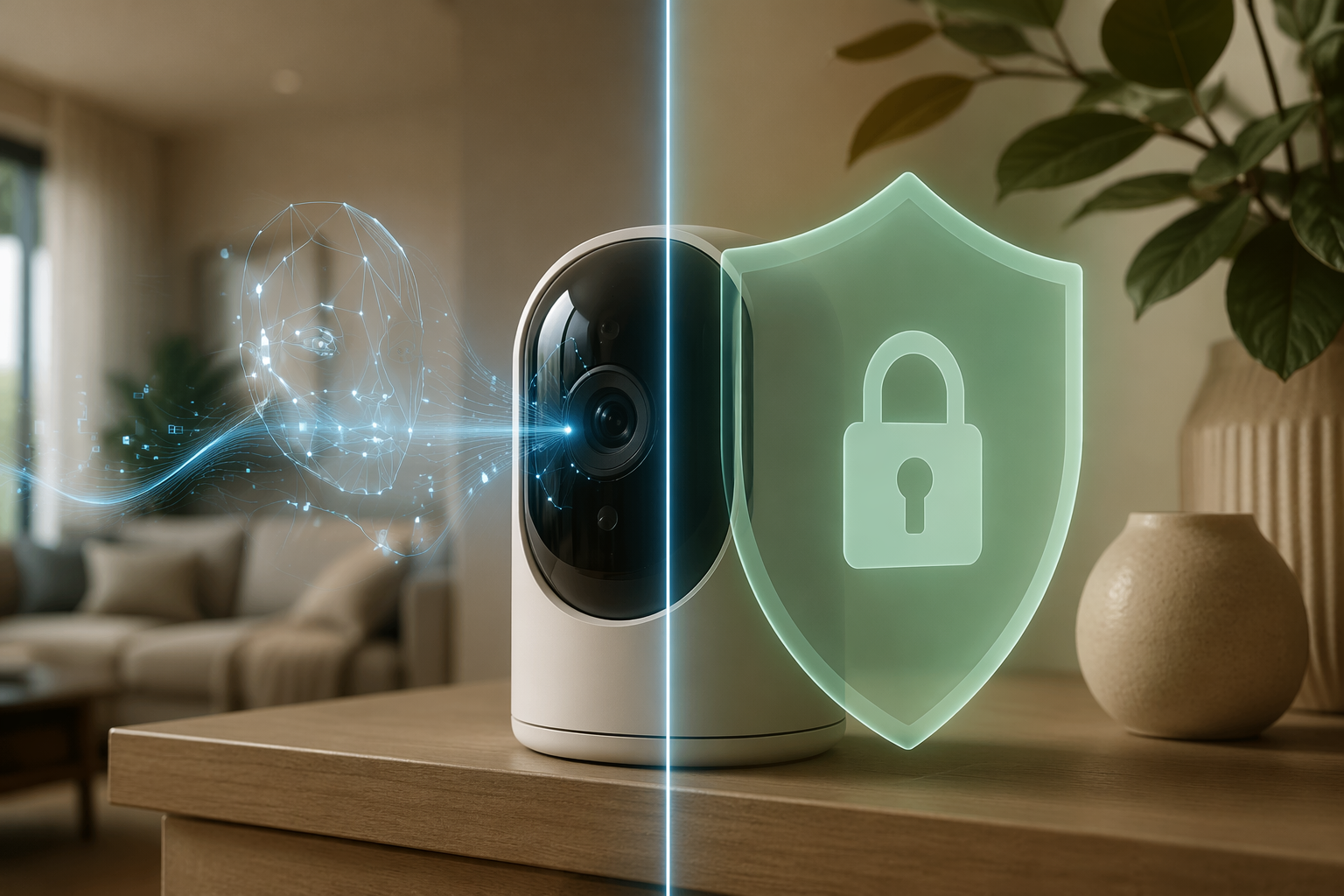 Split-composition editorial image of a modern living room with a security camera. The left half shows a blue AI neural glow and data lines around the camera, representing AI-powered detection and facial recognition. The right half shows the same camera behind a translucent privacy shield icon with a lock, representing data protection concerns.