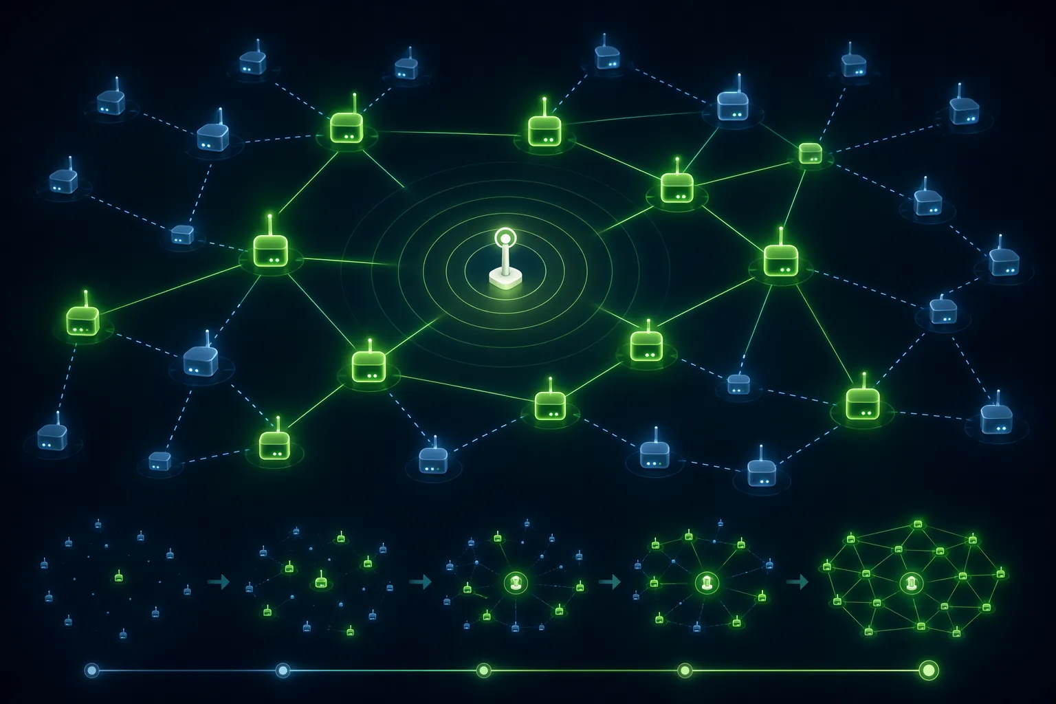 Wireless mesh network rebuilding with powered repeaters connected before battery devices