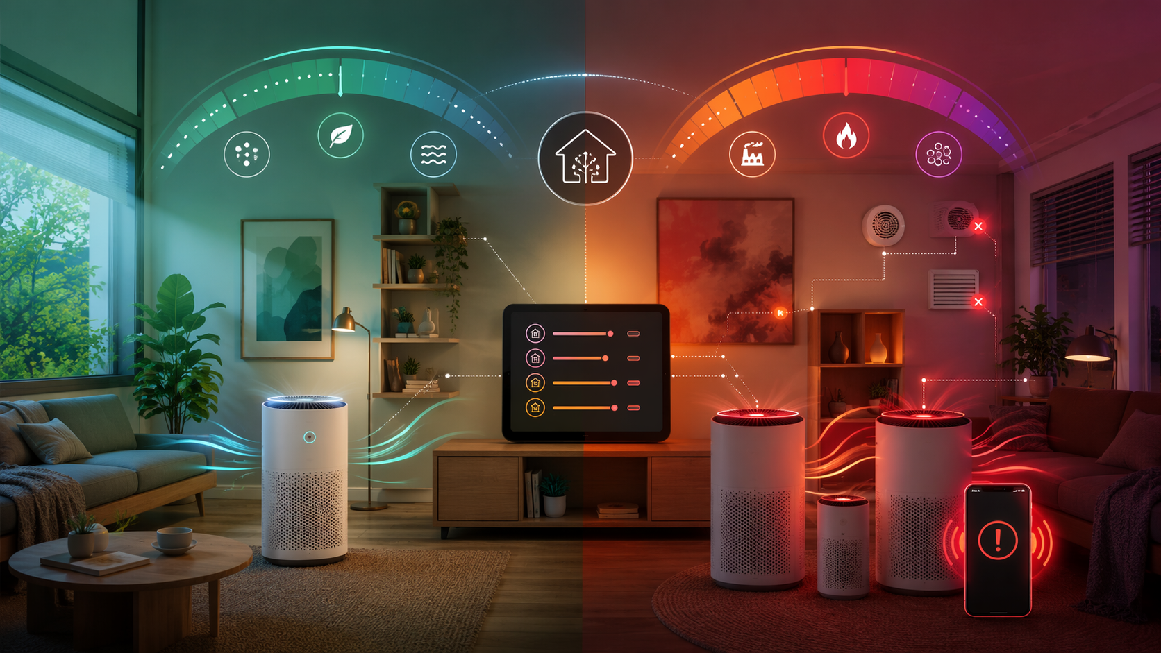 Smart home air quality automation escalating from a single low-speed purifier to multiple purifiers, closed vents, alerts, and emergency commands