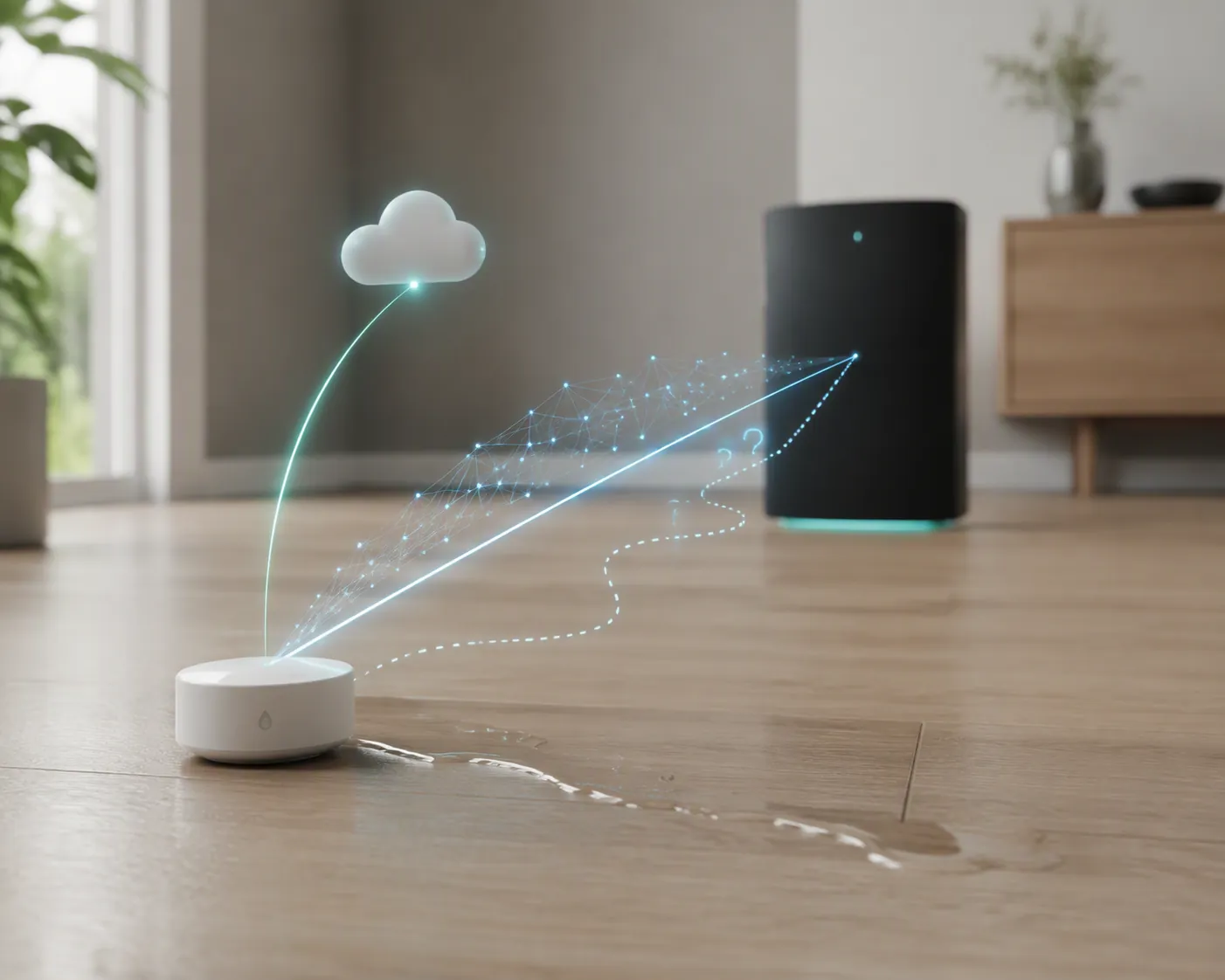 A small water leak sensor on a wood floor sending different wireless signal paths toward a smart home hub