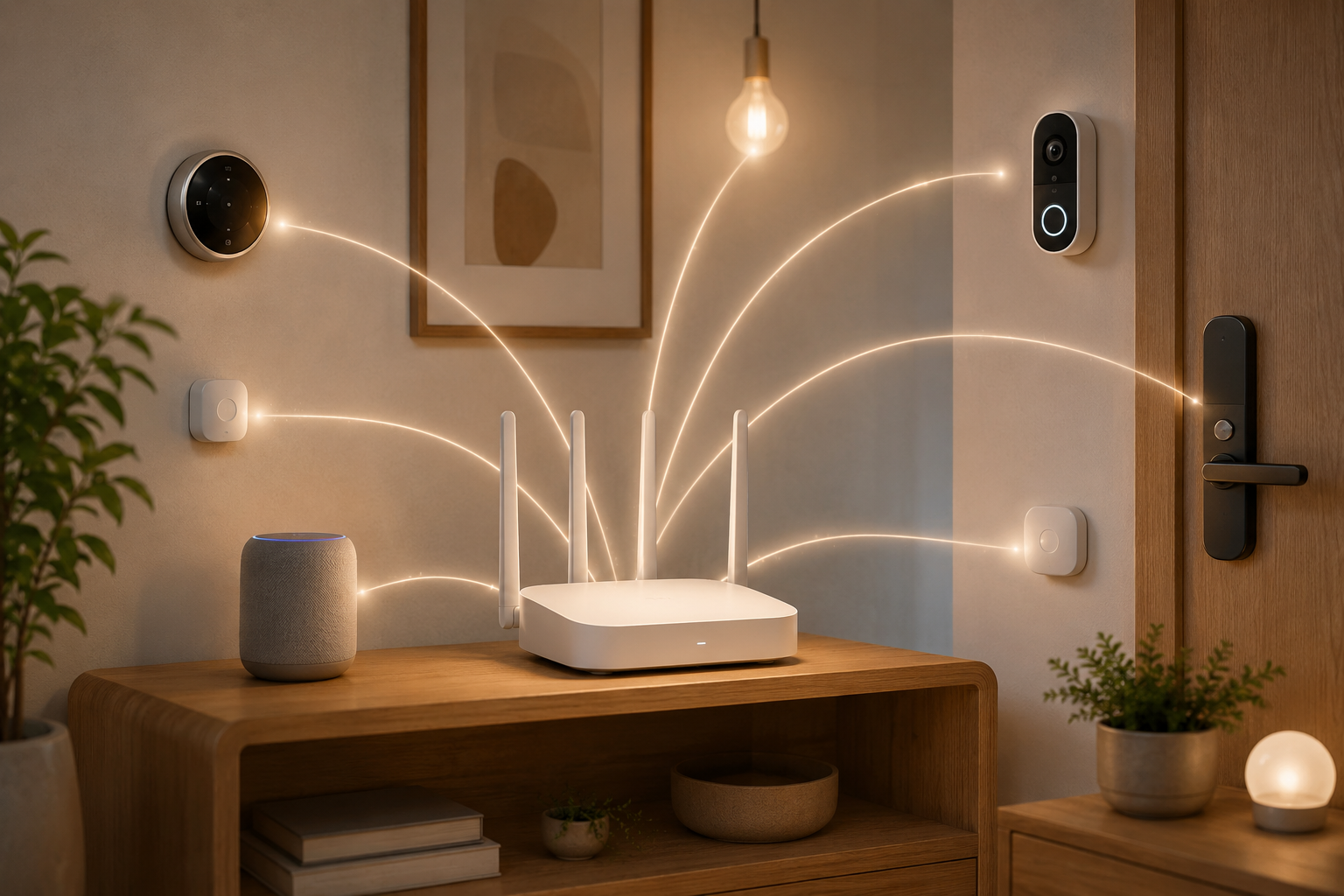 Minimal Wi-Fi 7 router connecting smart home devices including a thermostat, doorbell camera, smart lock, sensors, speaker, and bulbs