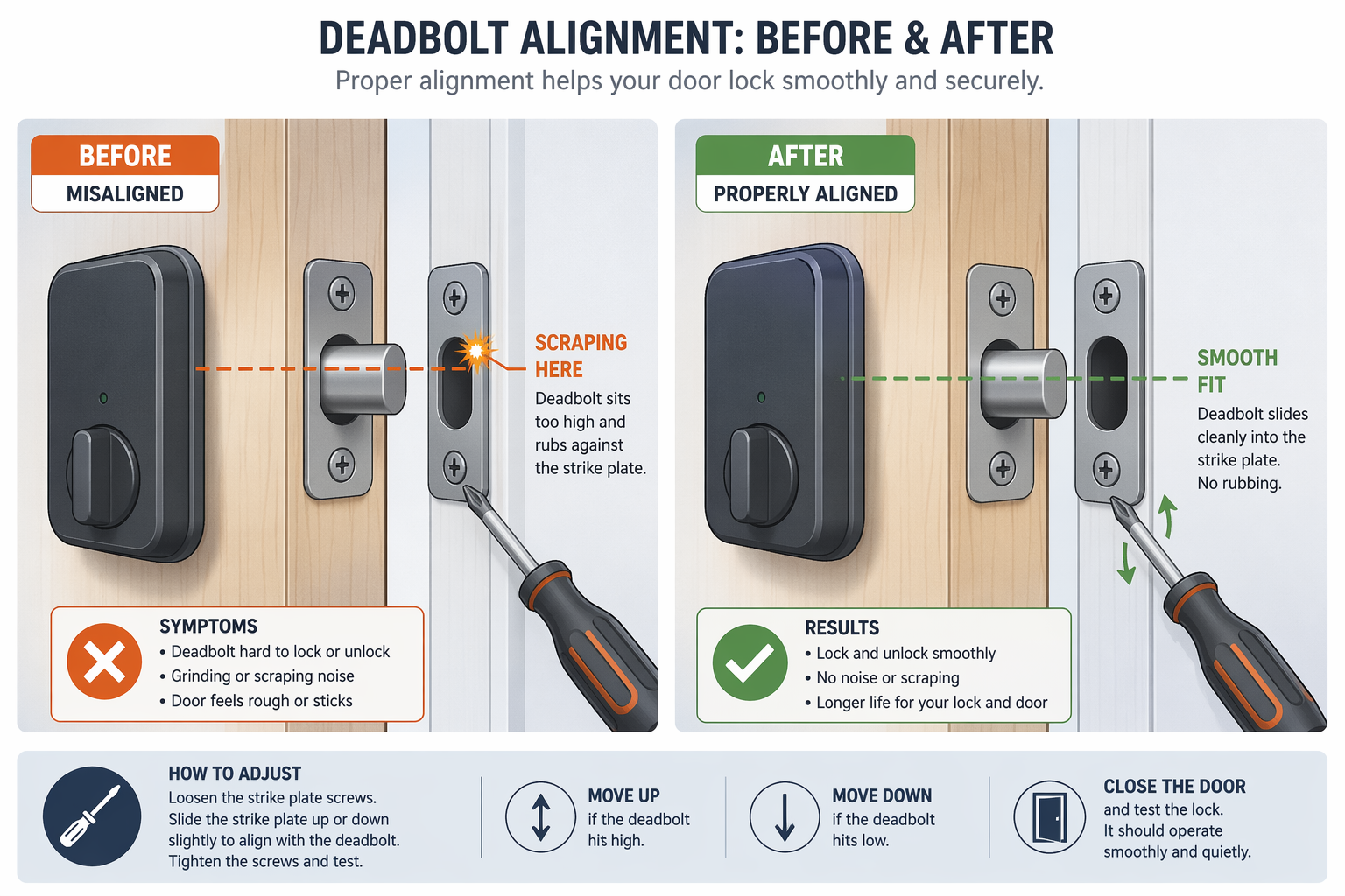 Side-view cross-section diagram comparing misaligned and corrected deadbolt alignment. Left side shows the deadbolt scraping against the strike plate edge in orange. Right side shows the deadbolt sliding cleanly into the strike plate after adjustment, with a screwdriver near the strike plate screws.