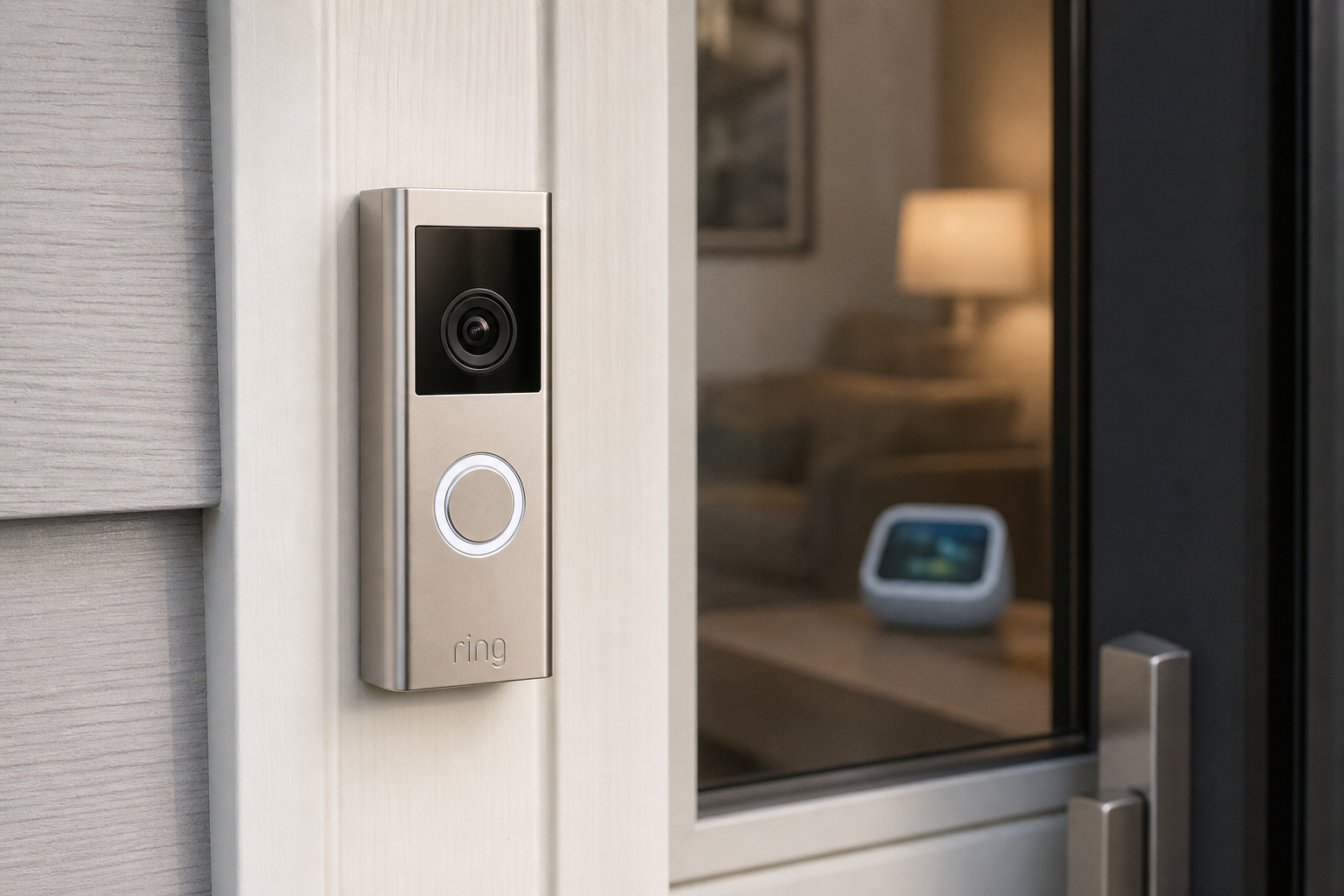 Ring Video Doorbell Pro 2 mounted on a white door frame with a smart speaker visible indoors through a window in the background