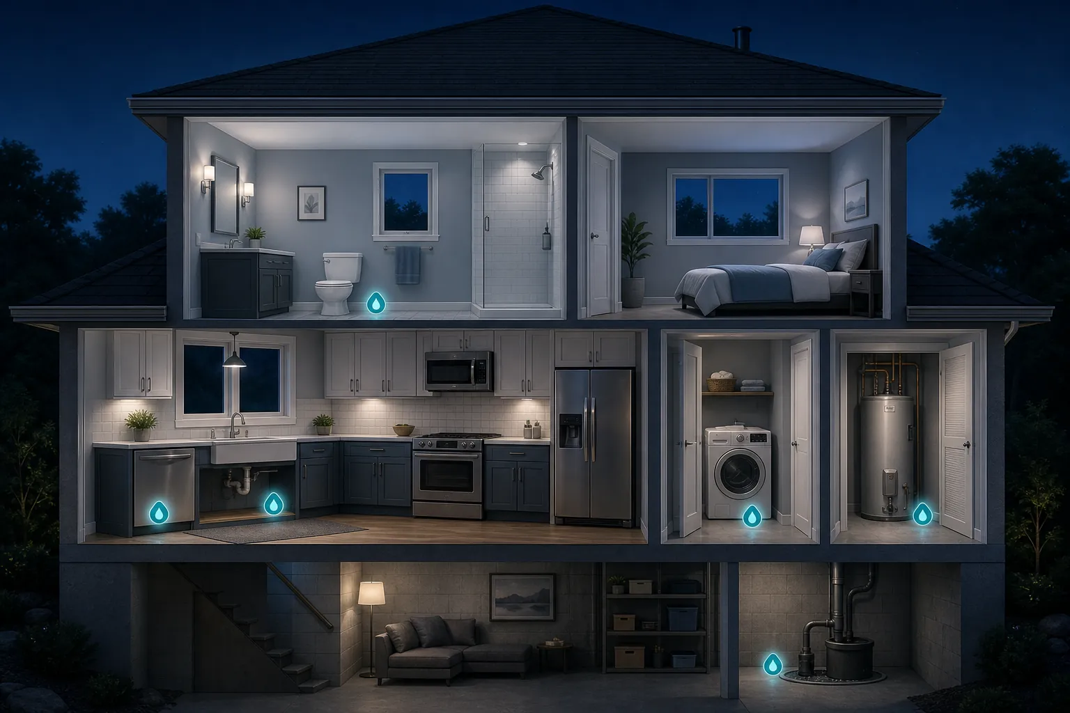 Cutaway house with droplet markers at leak-risk spots including sinks, laundry, water heater, dishwasher, bathroom, and basement