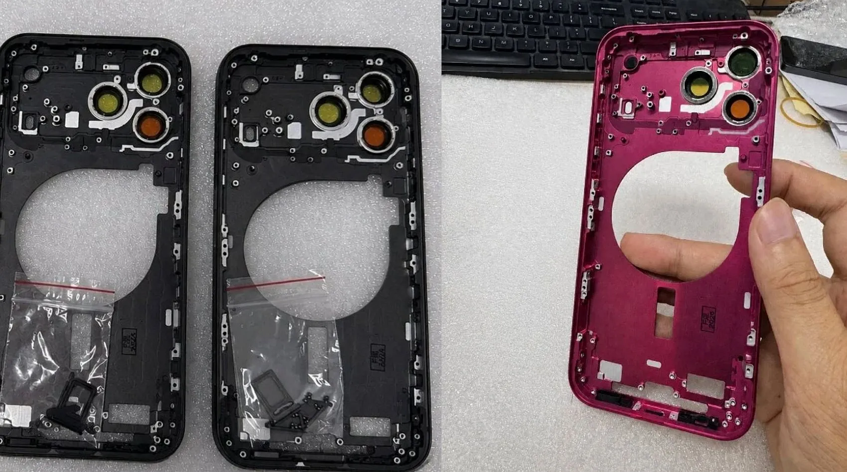 Four iPhone 18 Pro dummy units in Dark Cherry, Light Blue, Dark Gray, and Silver