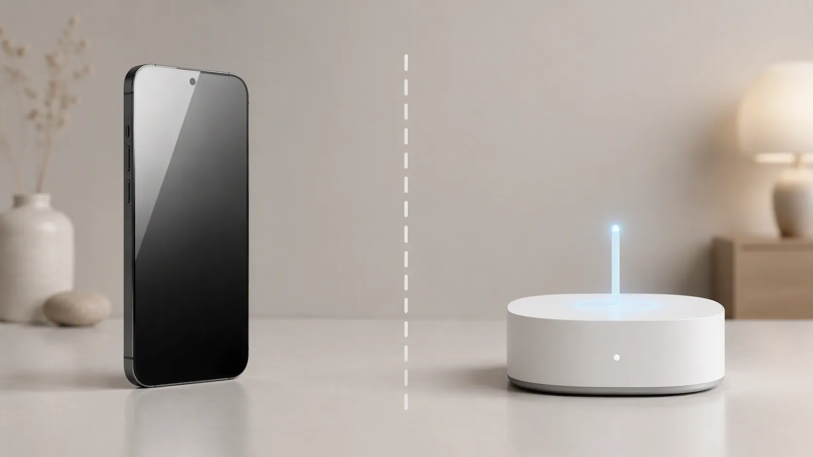 Smartphone and smart-home hub shown as separate devices with a divider between them