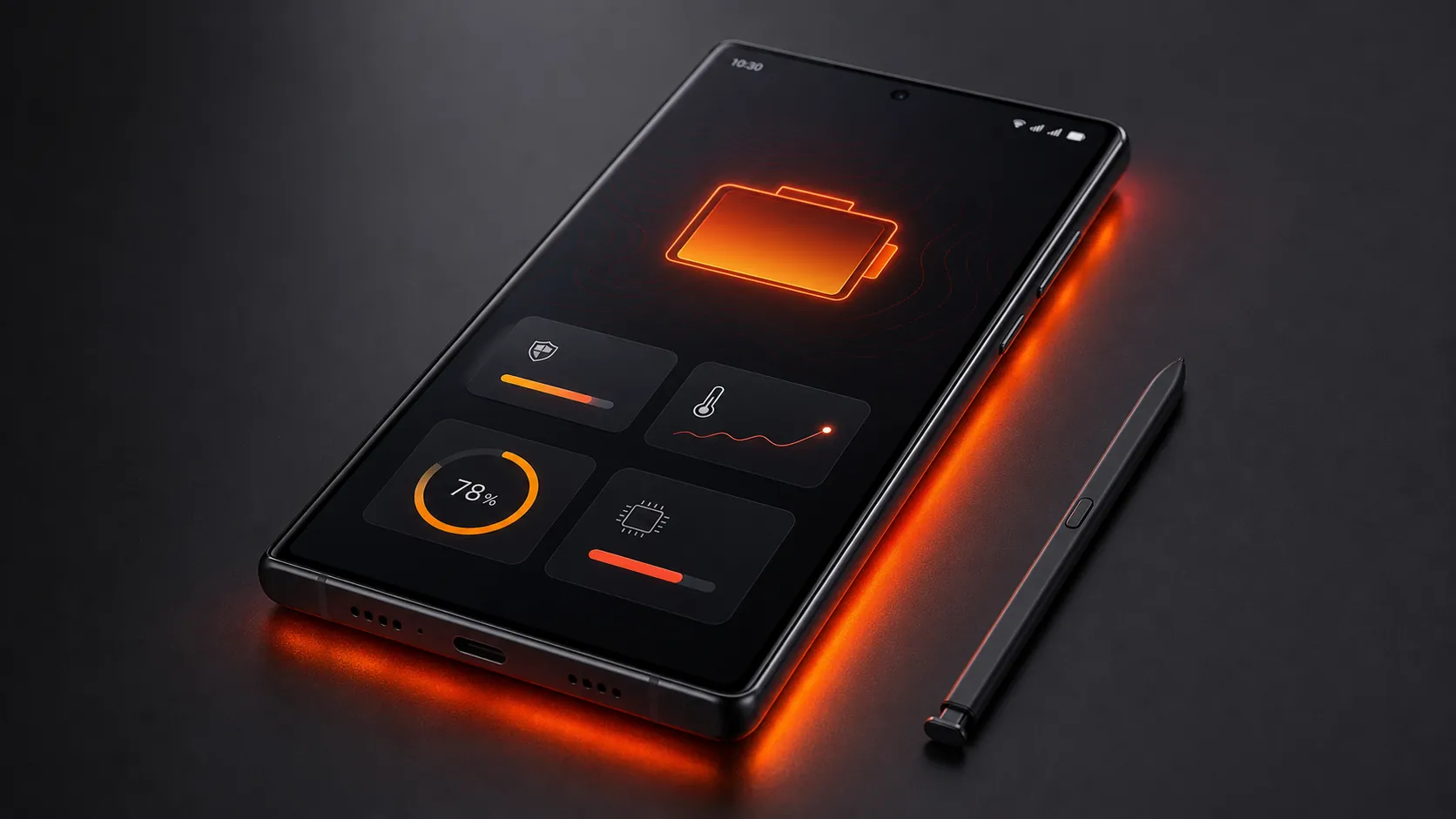 Samsung Galaxy S25 Ultra on a dark surface with warm thermal lighting suggesting overheating