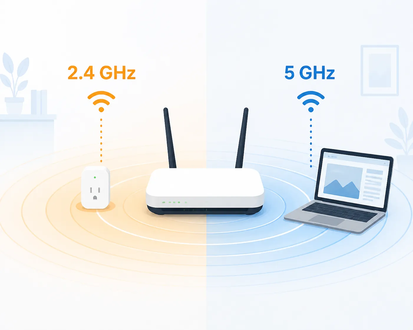 Home Wi-Fi router broadcasting separate 2.4 GHz and 5 GHz bands, with a smart plug connected to 2.4 GHz