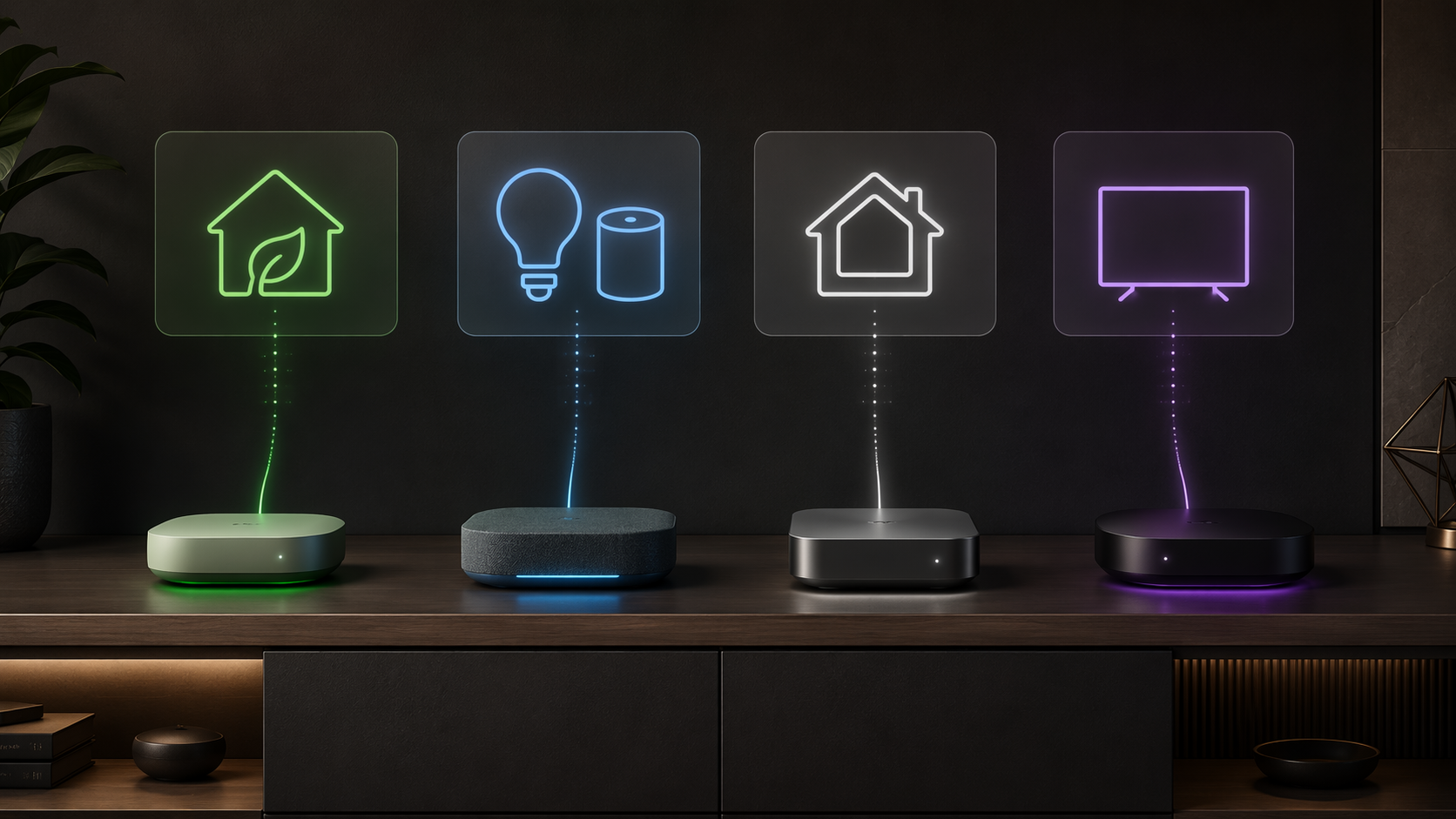 Four streaming devices representing Google, Amazon Alexa, Apple, and Roku smart home ecosystems
