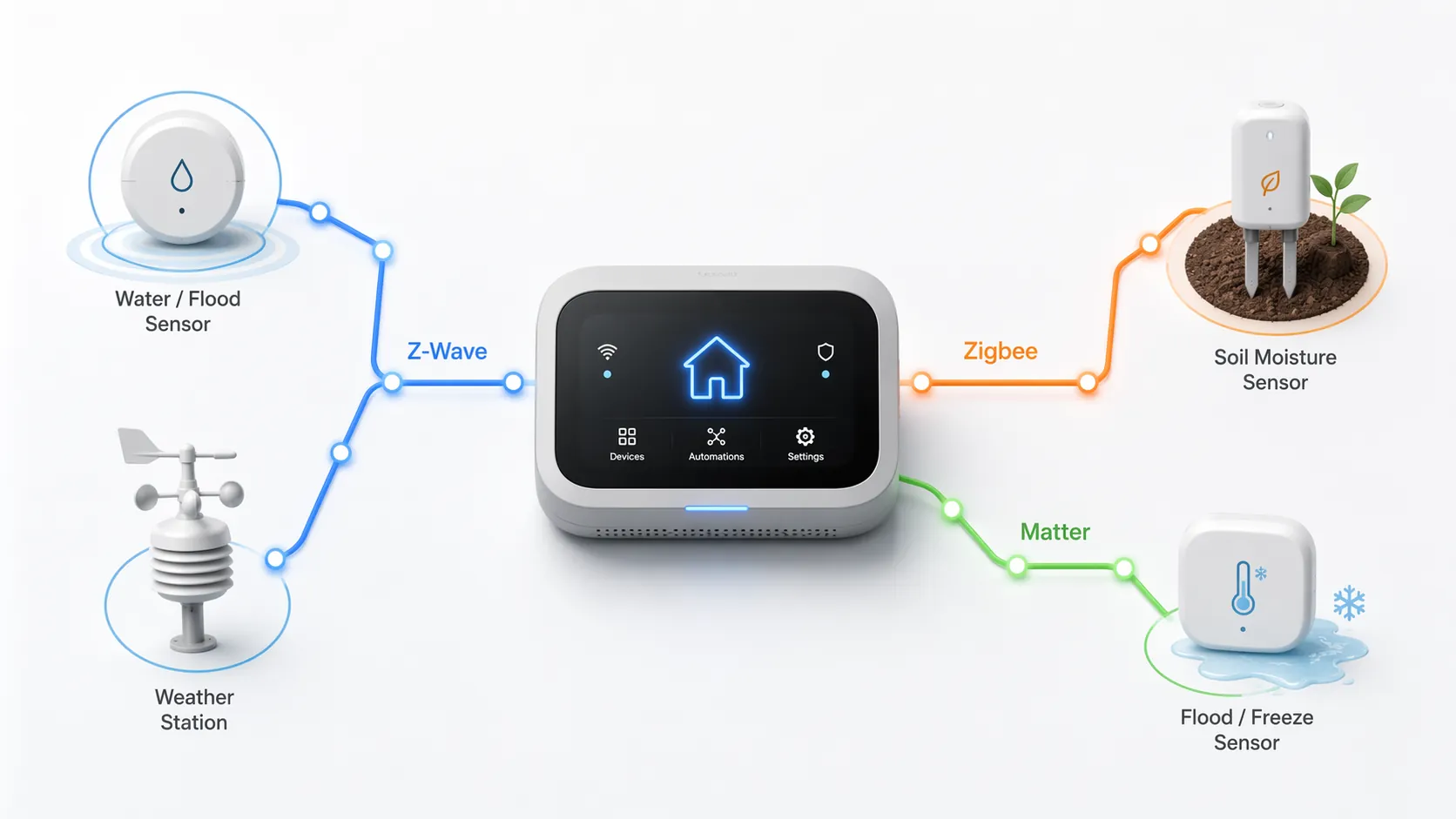 Diagram showing Z-Wave, Zigbee, and Matter paths from one smart home hub to climate sensors