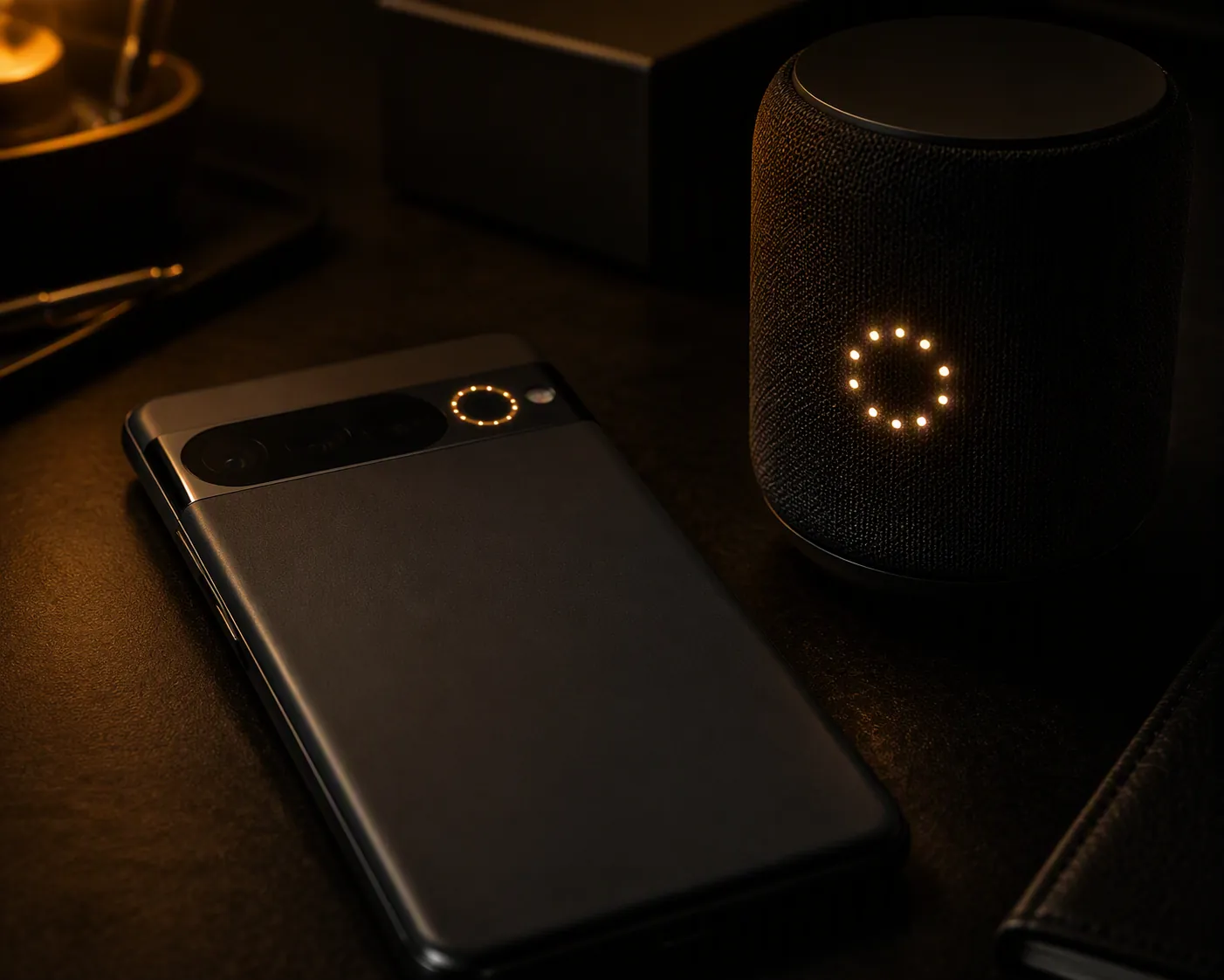 Flagship smartphone with a glowing circular LED ring near the camera bar beside a smart speaker with a matching ambient light ring