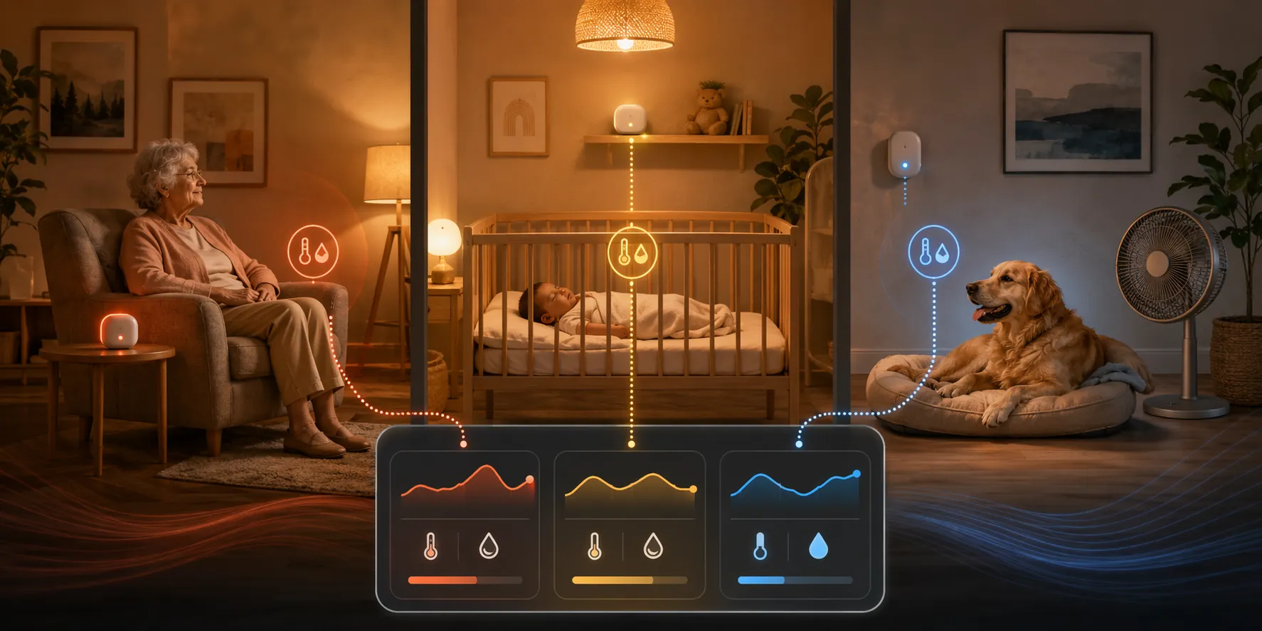 Three smart home rooms monitored for heat safety: an elderly person, a sleeping baby, and a dog near a cooling fan
