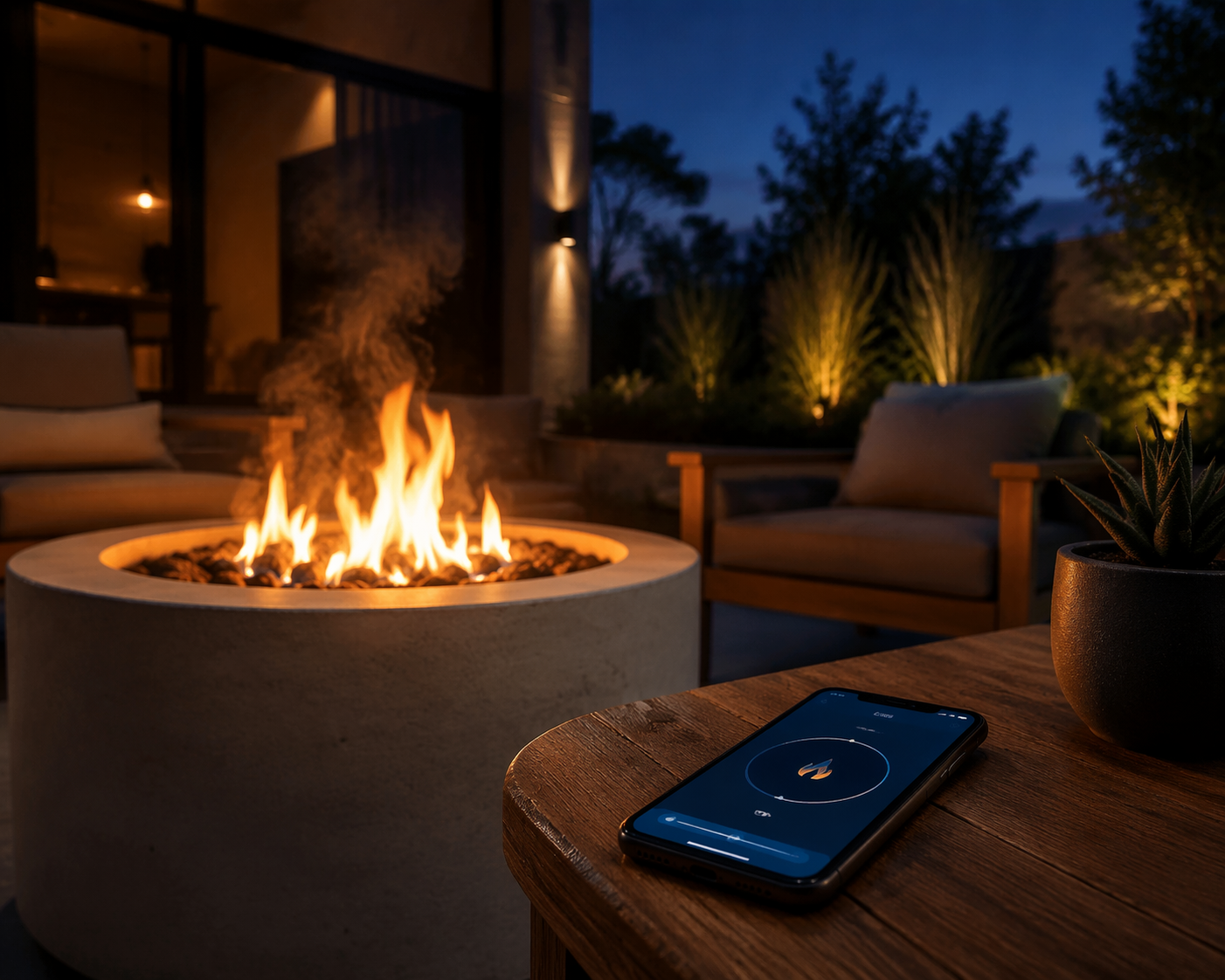 Backyard smokeless fire pit at dusk with a smartphone showing a fire-control app nearby