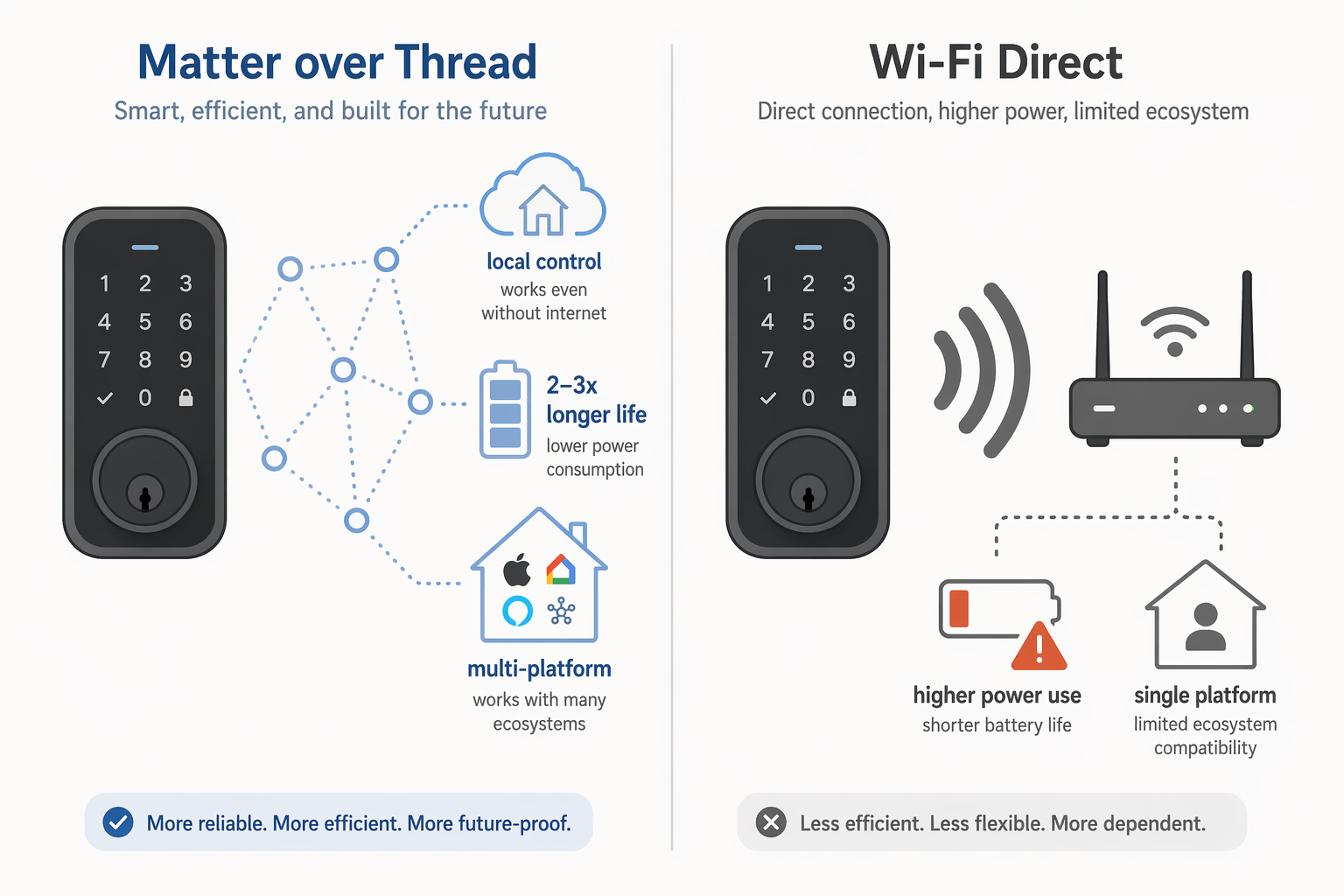 Side-by-side illustration: left lock connected via node dots to a local control house with a 2-3x longer battery life badge; right lock connected via a wave to a router symbol with a low-battery warning and single-platform icon.