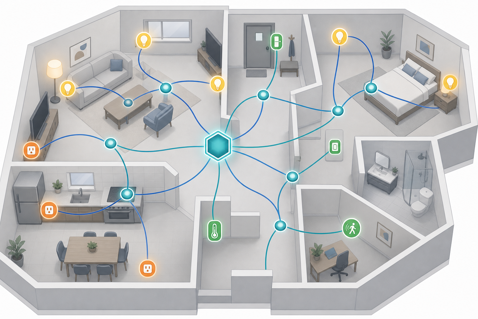 Isometric flat-design illustration of a smart home showing a central Zigbee coordinator hub connected via mesh routing lines to color-coded device icons across multiple rooms.