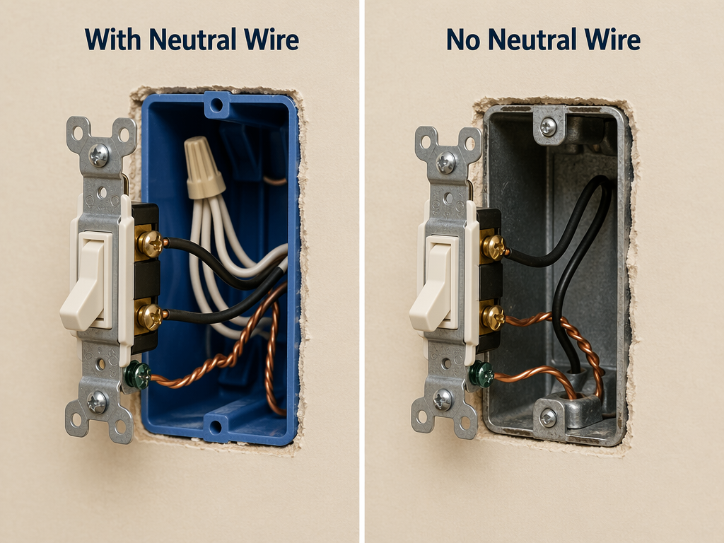 Comparison of electrical switch boxes with and without a neutral wire