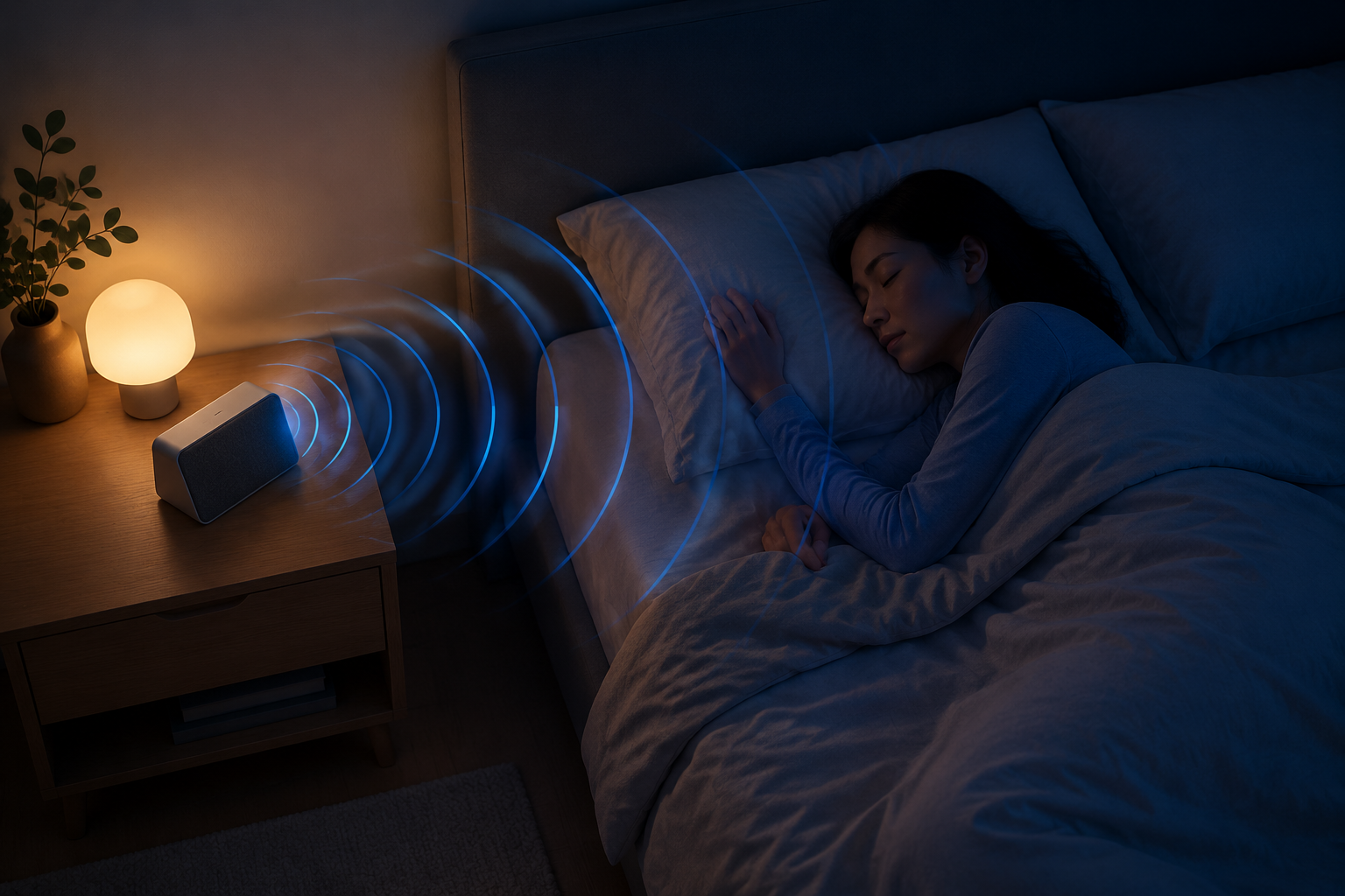 Person sleeping beside a smart display with soft radar waves representing contactless Soli sleep sensing