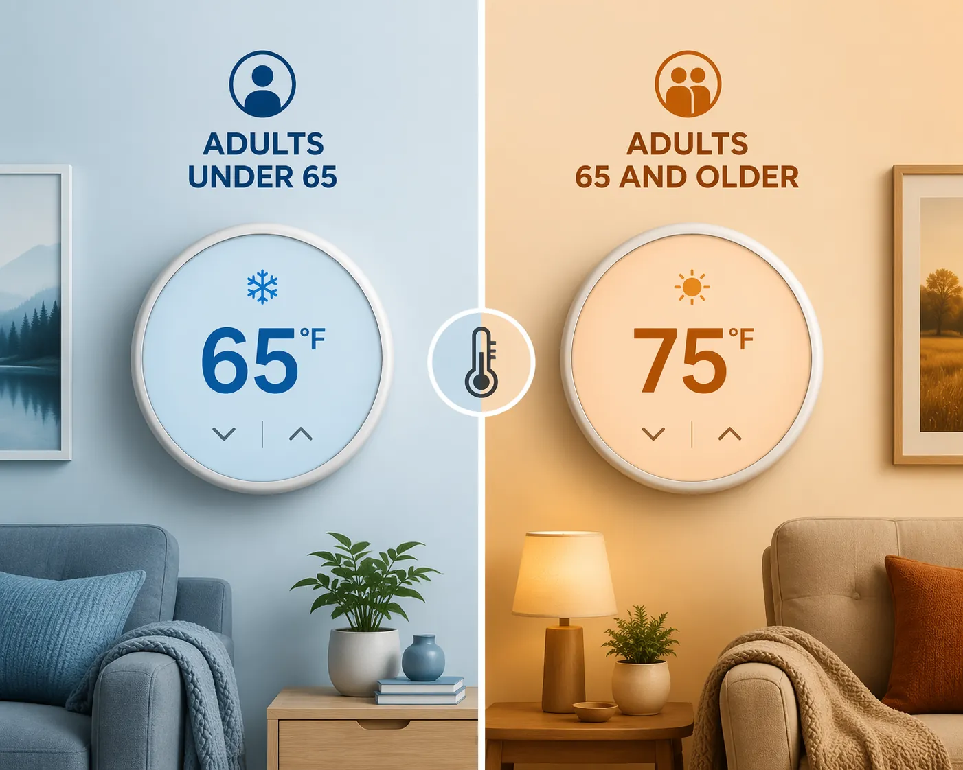 Split comparison of thermostat targets showing 65°F for adults under 65 and 75°F for adults 65 and older