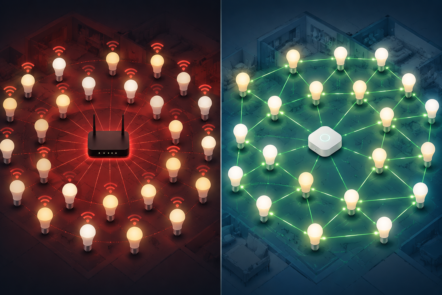 Wi-Fi lighting congestion contrasted with a Zigbee or Thread mesh lighting network