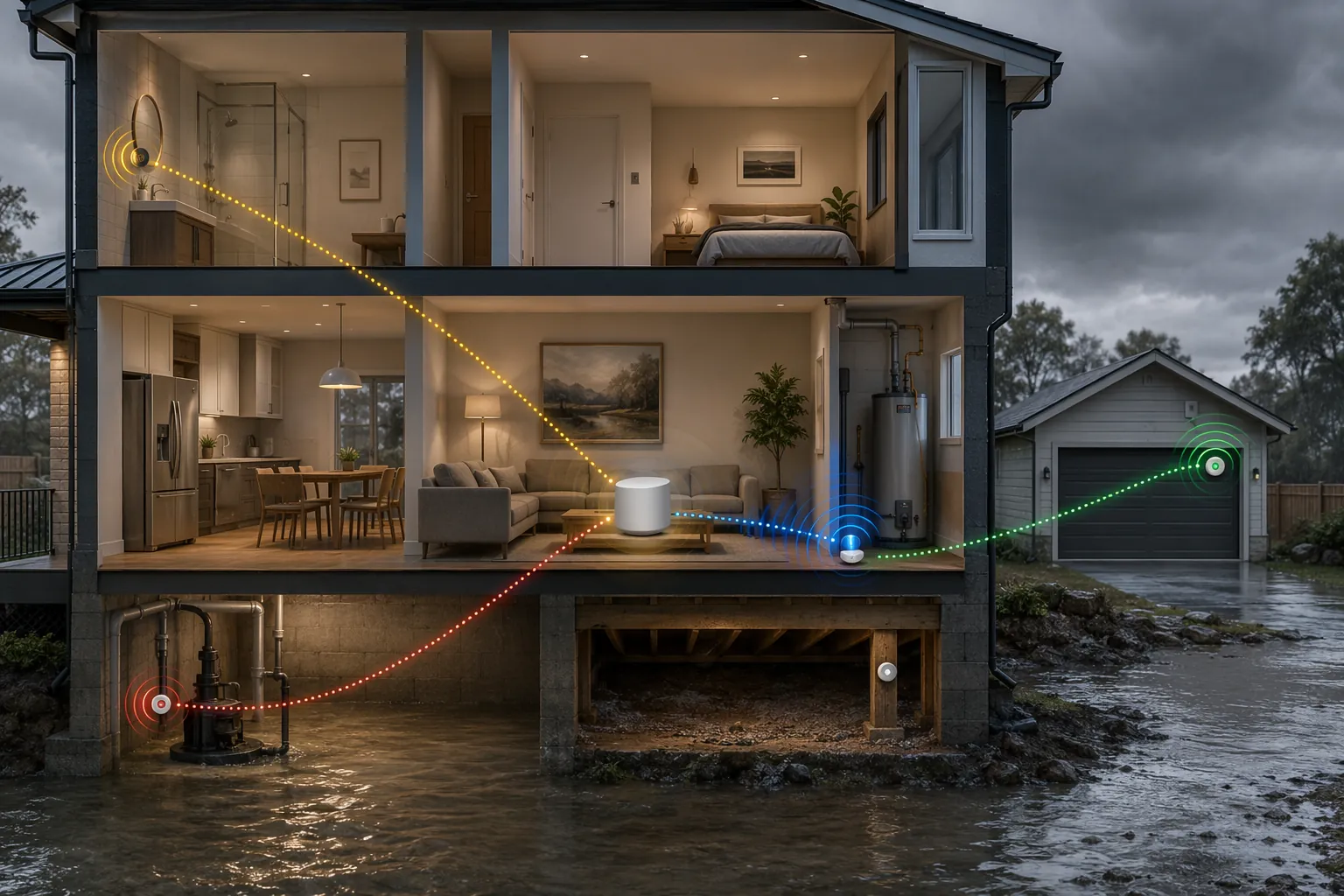Cross-section of a house showing a smart hub connected to flood sensors by Z-Wave, Matter Thread, LoRa, and Wi-Fi pathways