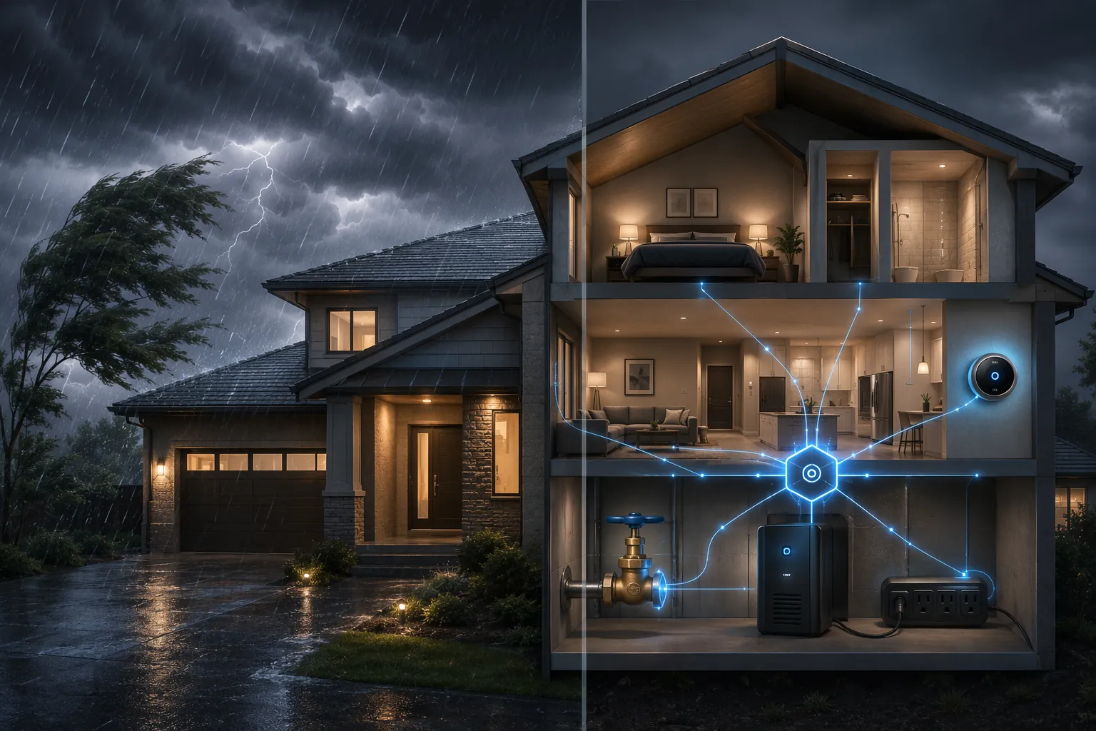 Cutaway house showing storm protection devices connected to a central smart-home hub