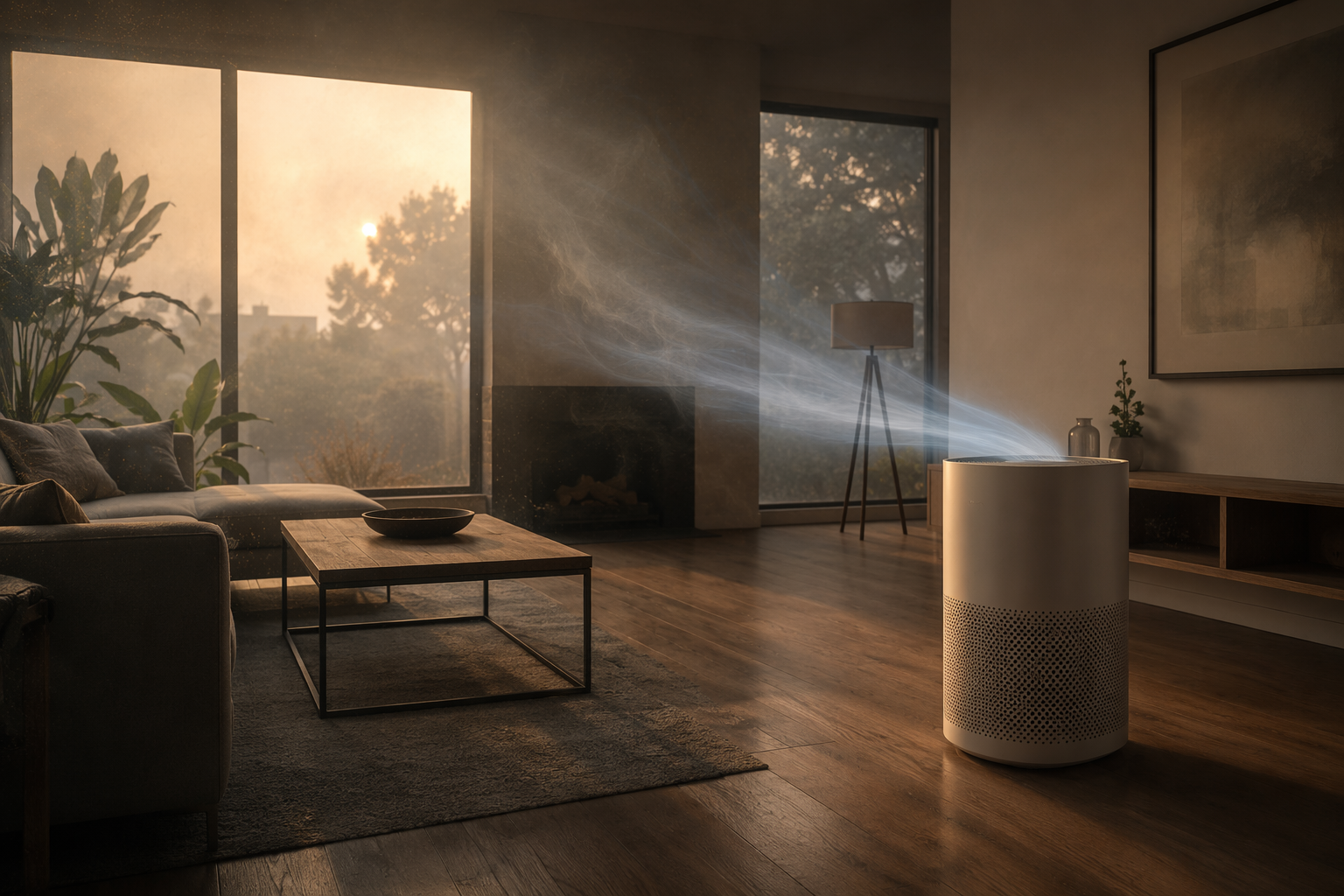 Living room with smoky amber-gray light outside and an air purifier on the floor