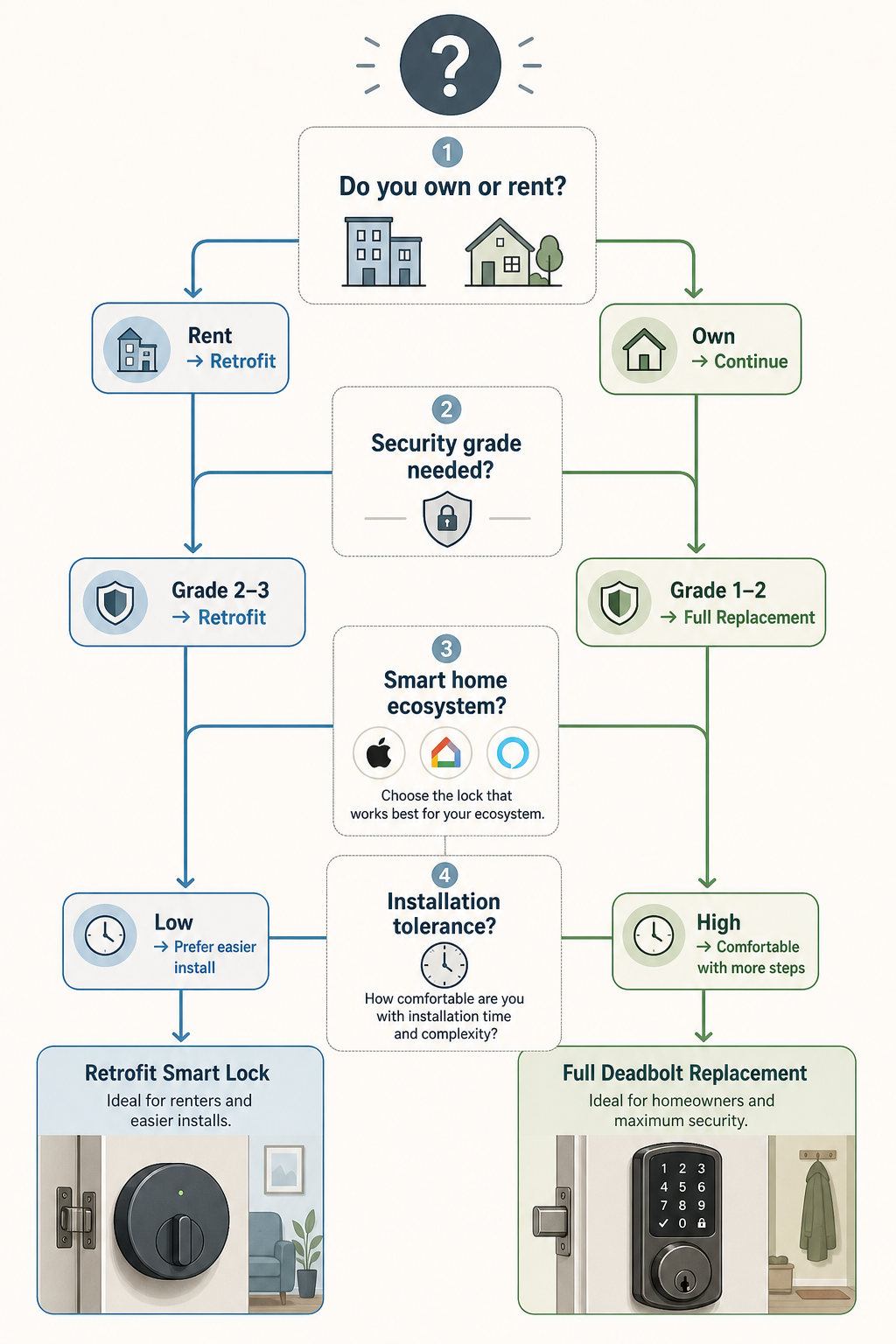 Decision flowchart illustration with four sequential nodes — ownership (rent vs own), security grade needed, smart home ecosystem (Apple, Google, Alexa icons), and installation tolerance (clock icon) — branching toward two outcome paths: a round retrofit lock module and a full keypad deadbolt.