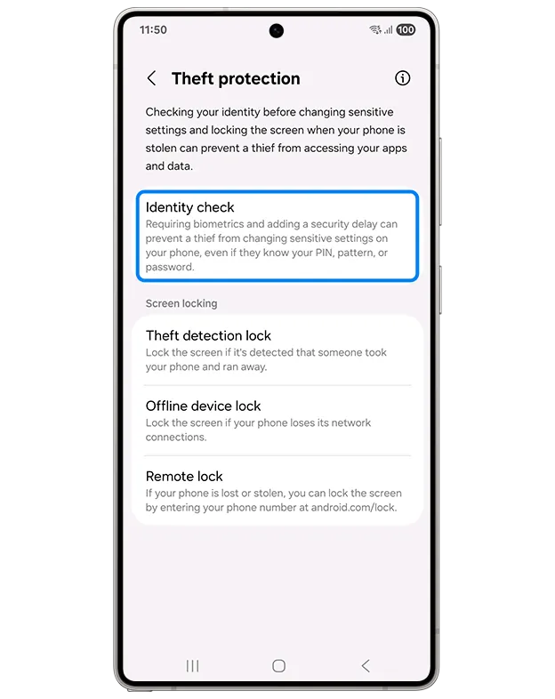 Samsung Identity Check screen showing registered fingerprints and Safe Places requirements