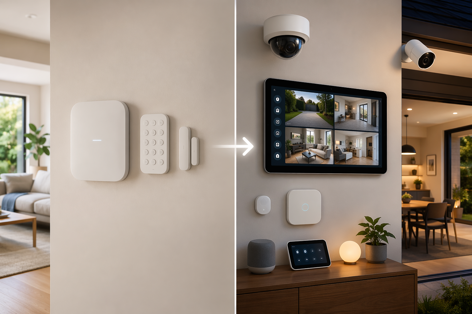 Two home security approaches side by side, from a basic monitored setup to a fuller smart security ecosystem
