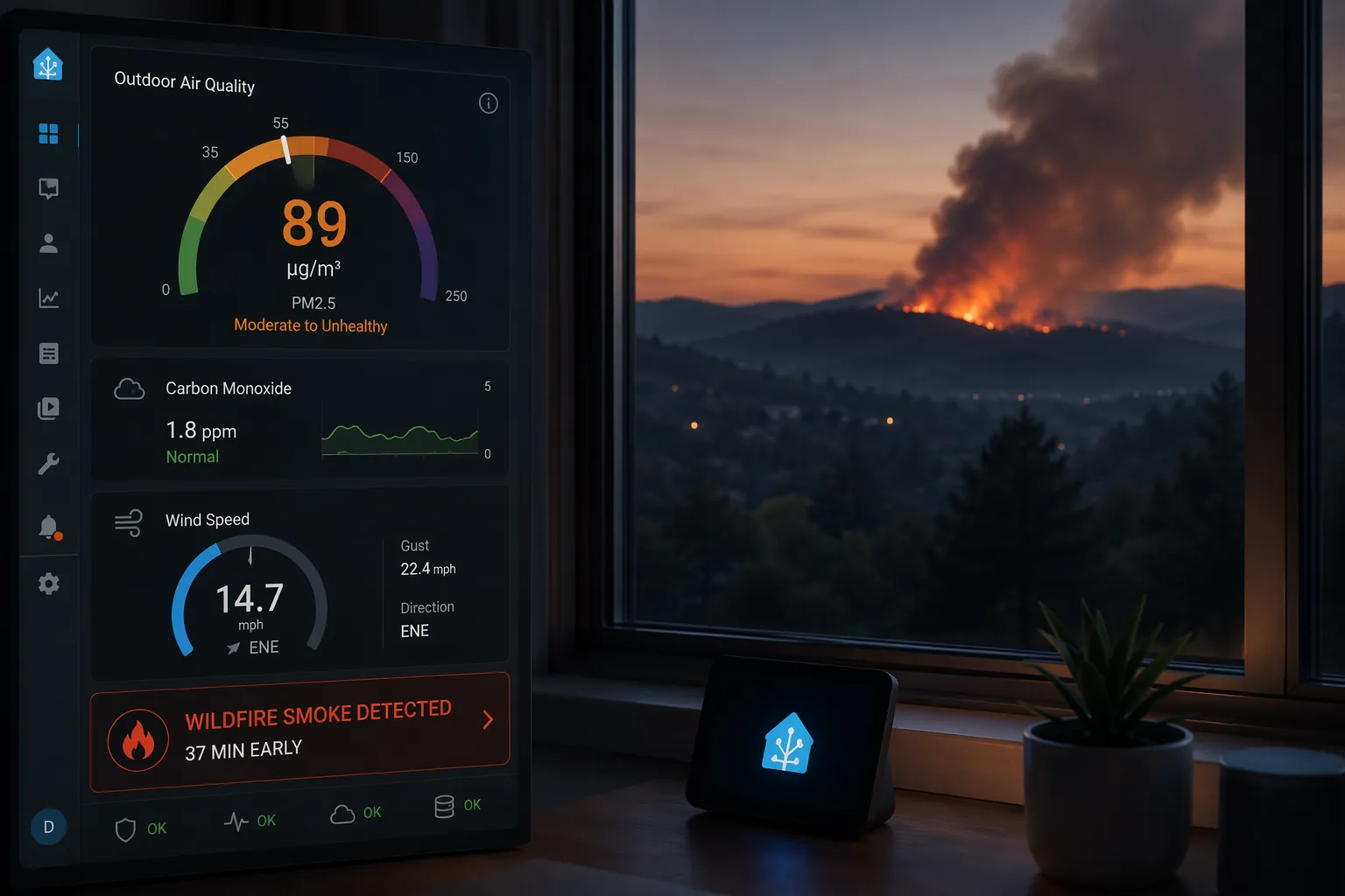 Home Assistant dashboard showing outdoor air quality, CO level, wind speed, and a wildfire smoke alert