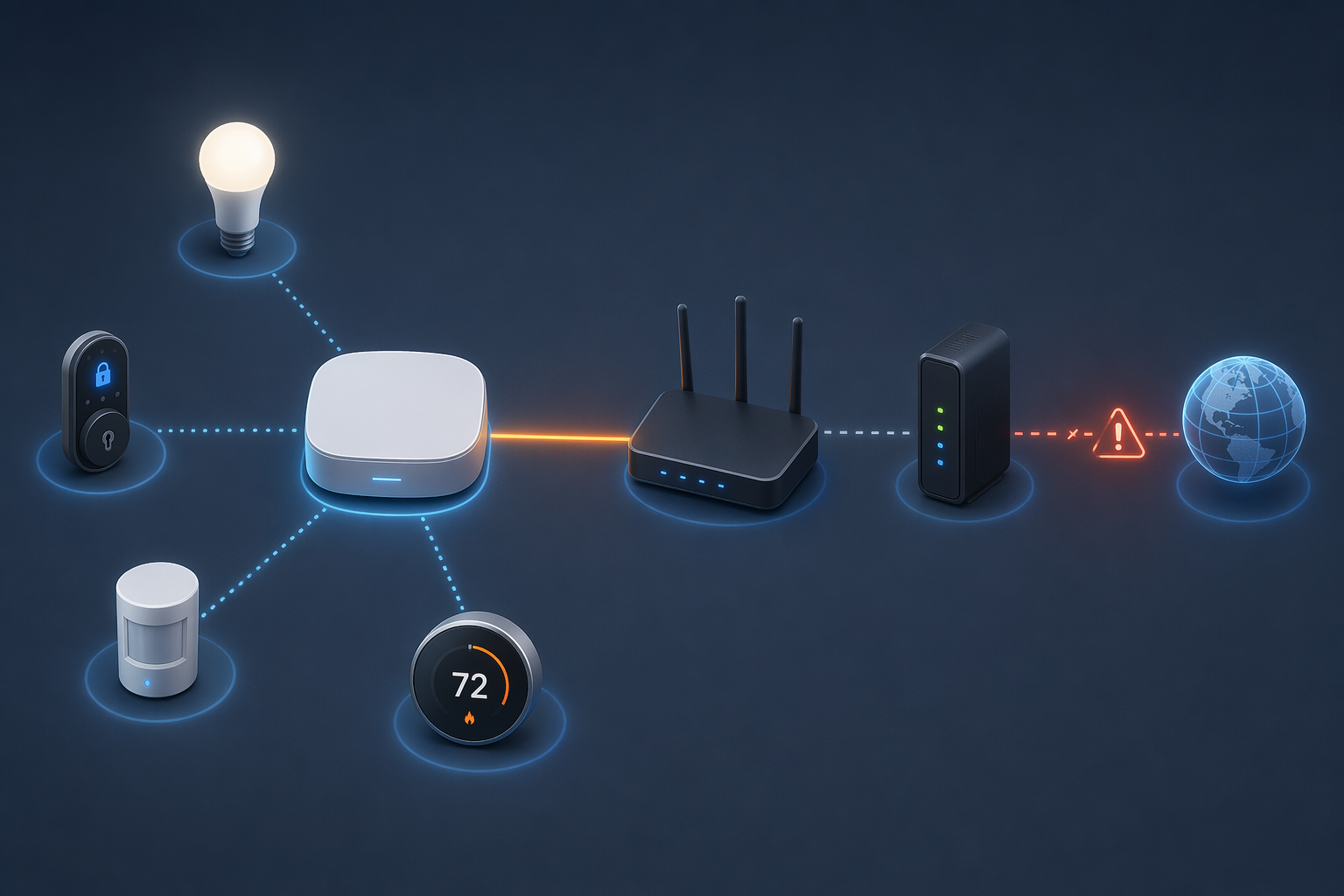 Network diagram showing a smart home hub connected through a router and modem with an upstream warning indicator