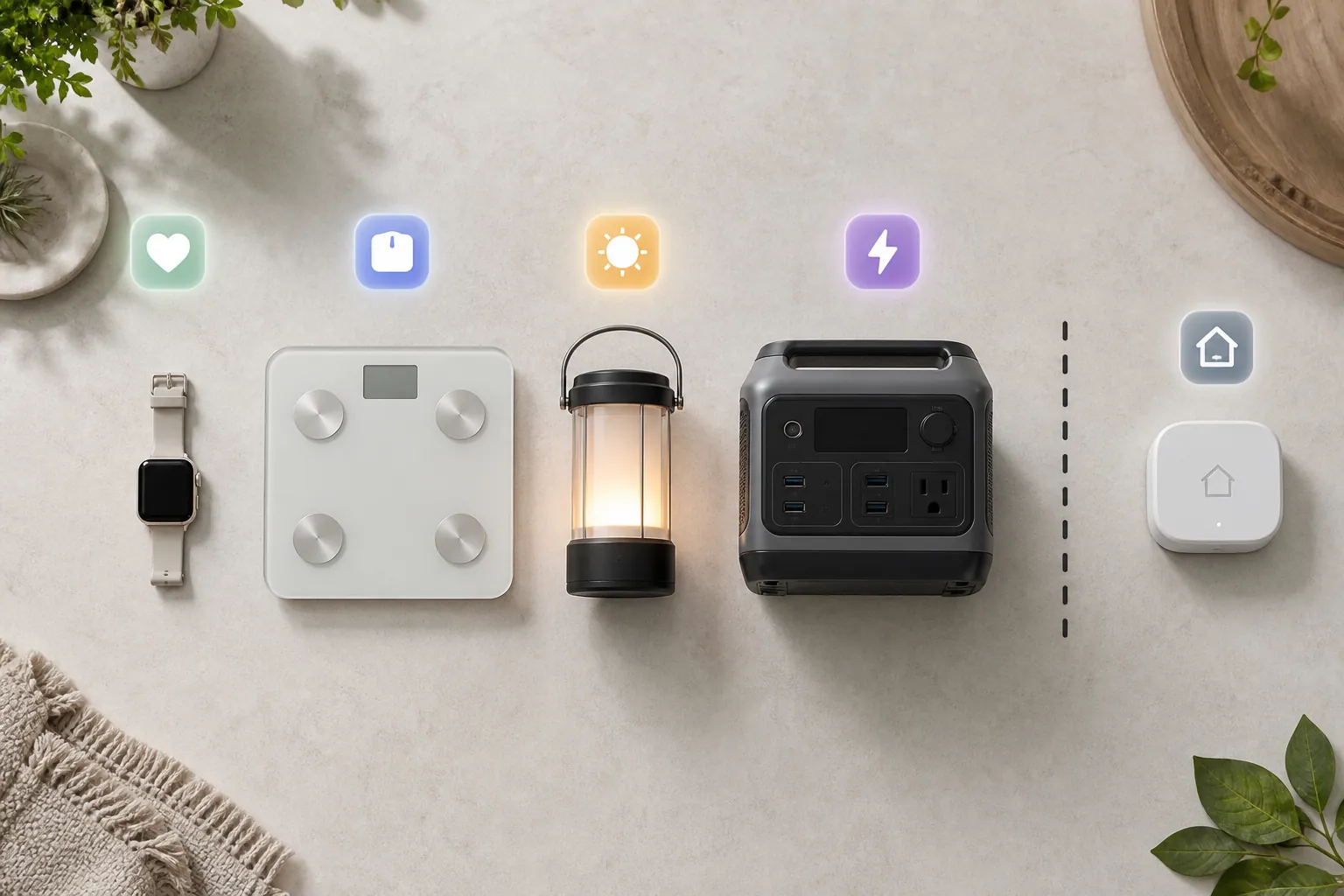 Standalone smart gadgets connected to individual phone apps while a smart-home hub sits apart with no connection