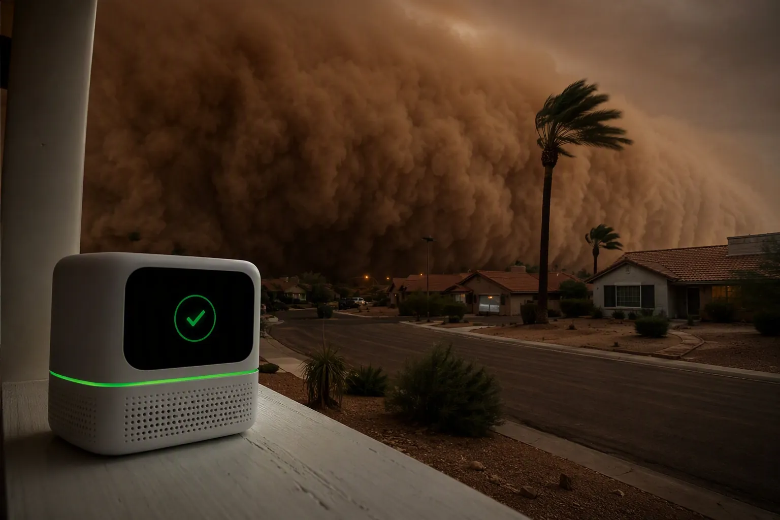 A dust-storm wall approaches a suburban street while a smart air quality monitor still shows a green good reading