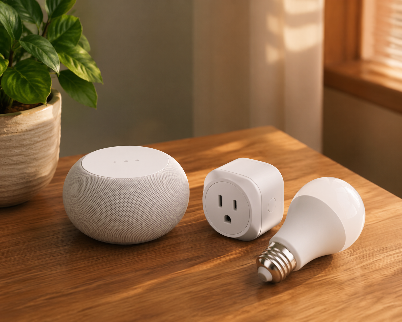 Smart speaker, smart plug, and smart LED bulb arranged on a wooden table