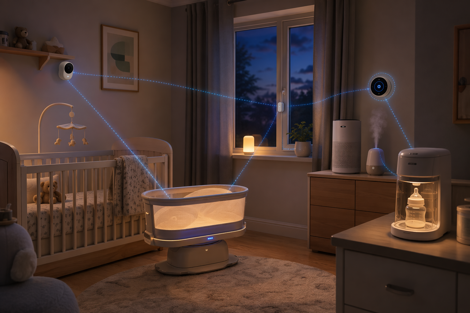 Modern smart nursery with monitor, bassinet, thermostat, air purifier, bottle maker, and nightlight connected as one system