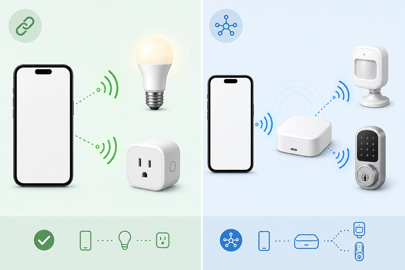 Comparison of a phone controlling Wi-Fi devices directly and controlling sensors or locks through a separate hub