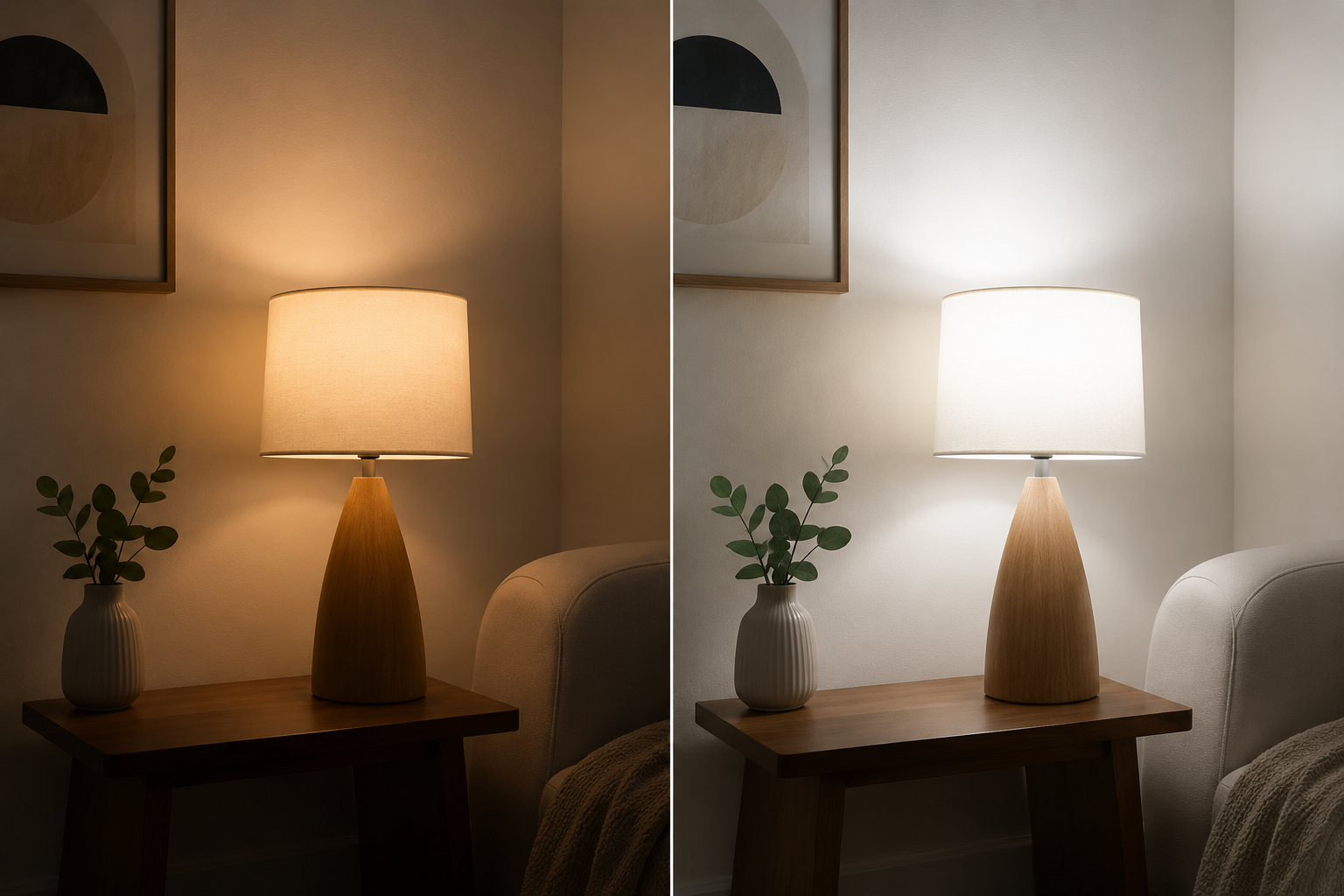 Comparison of standard and brighter smart bulb illumination in a room corner