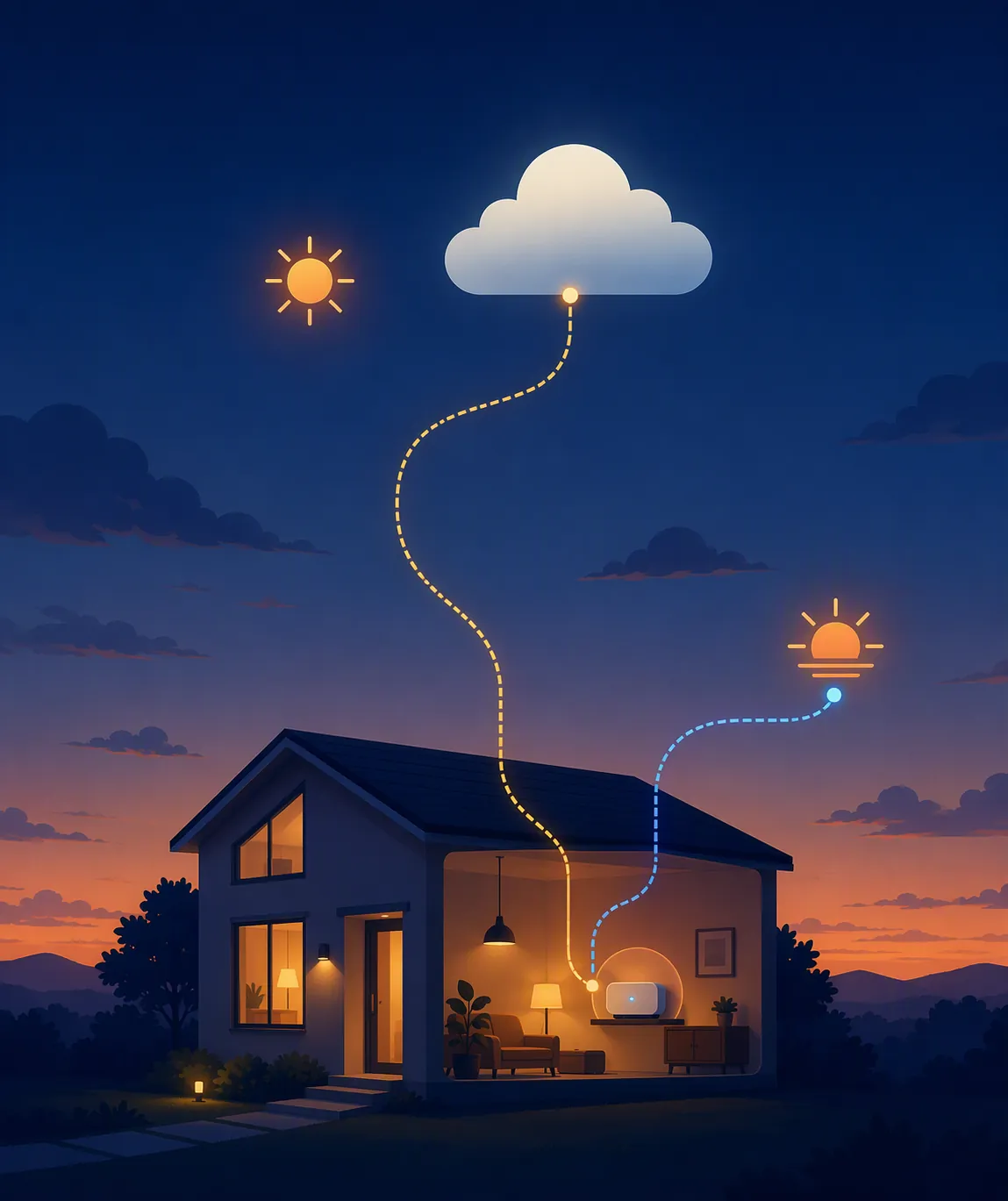 House at dusk connected to both a cloud service and a local hub with sun icons at different heights