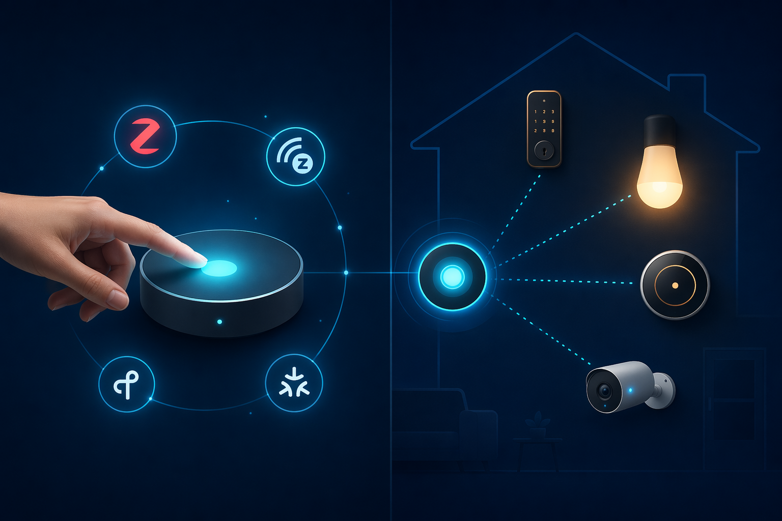 Split-composition editorial illustration of a hand touching a glowing smart home hub with protocol icons orbiting around it, connected to a home network diagram.