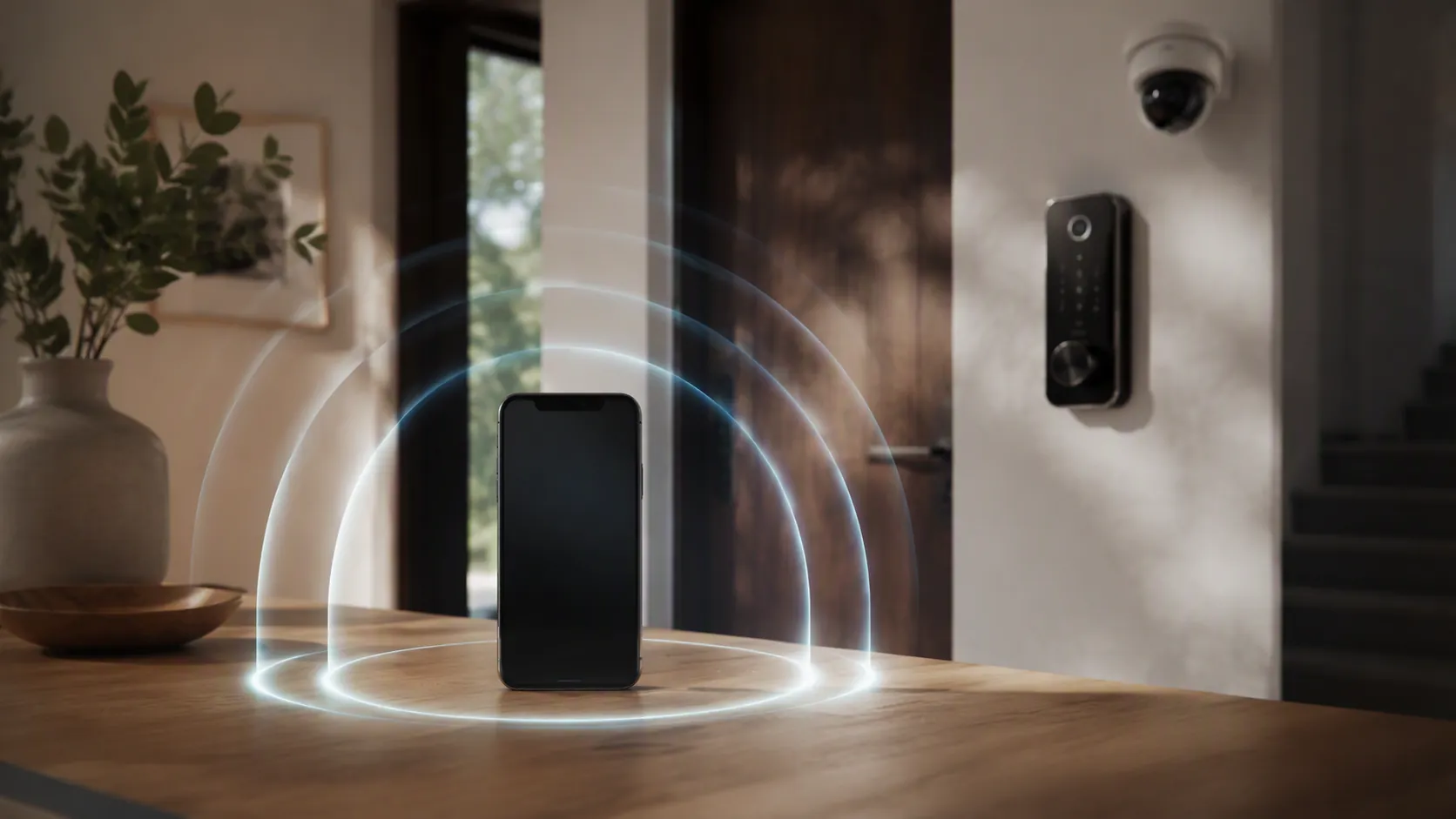 A smartphone on an entryway table like a house key, protected by layered security arcs with a smart lock and camera in the background