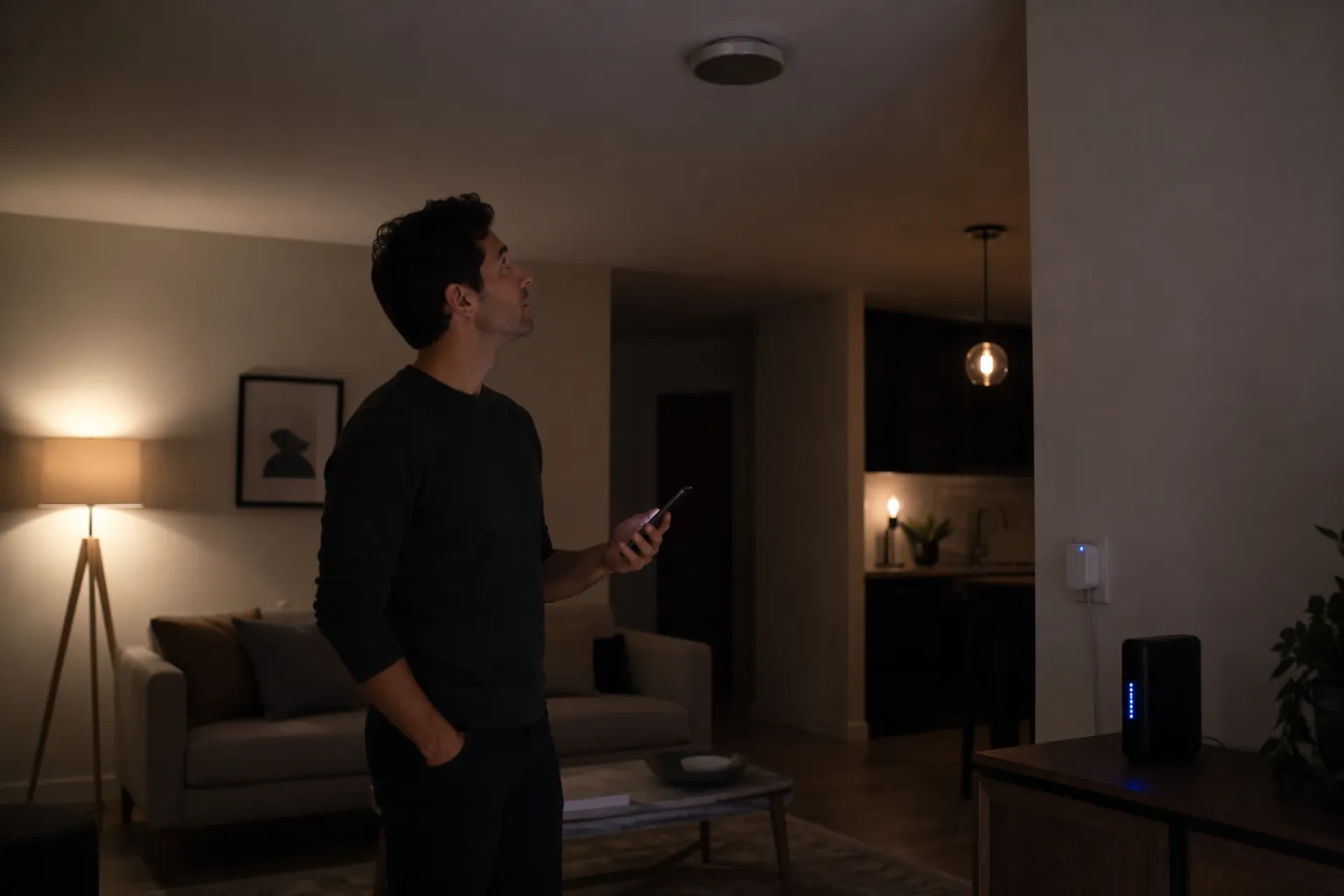 Person in a dim living room checking an unresponsive smart light while a cable modem shows a blinking blue indicator
