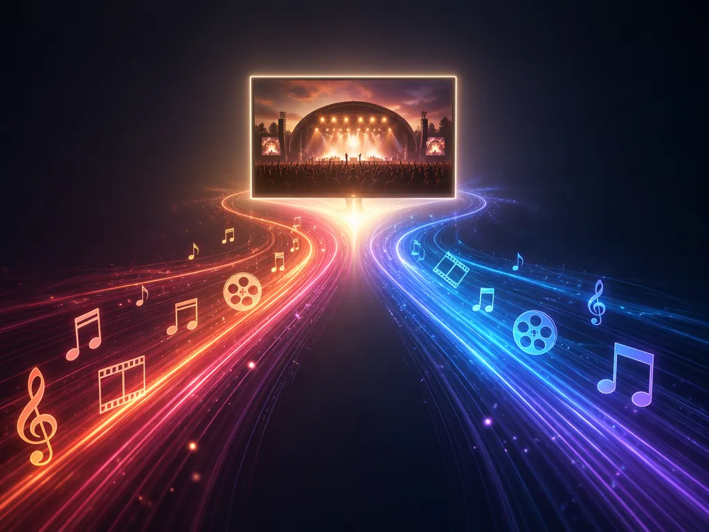 Two streaming paths converging toward a TV showing a festival stage