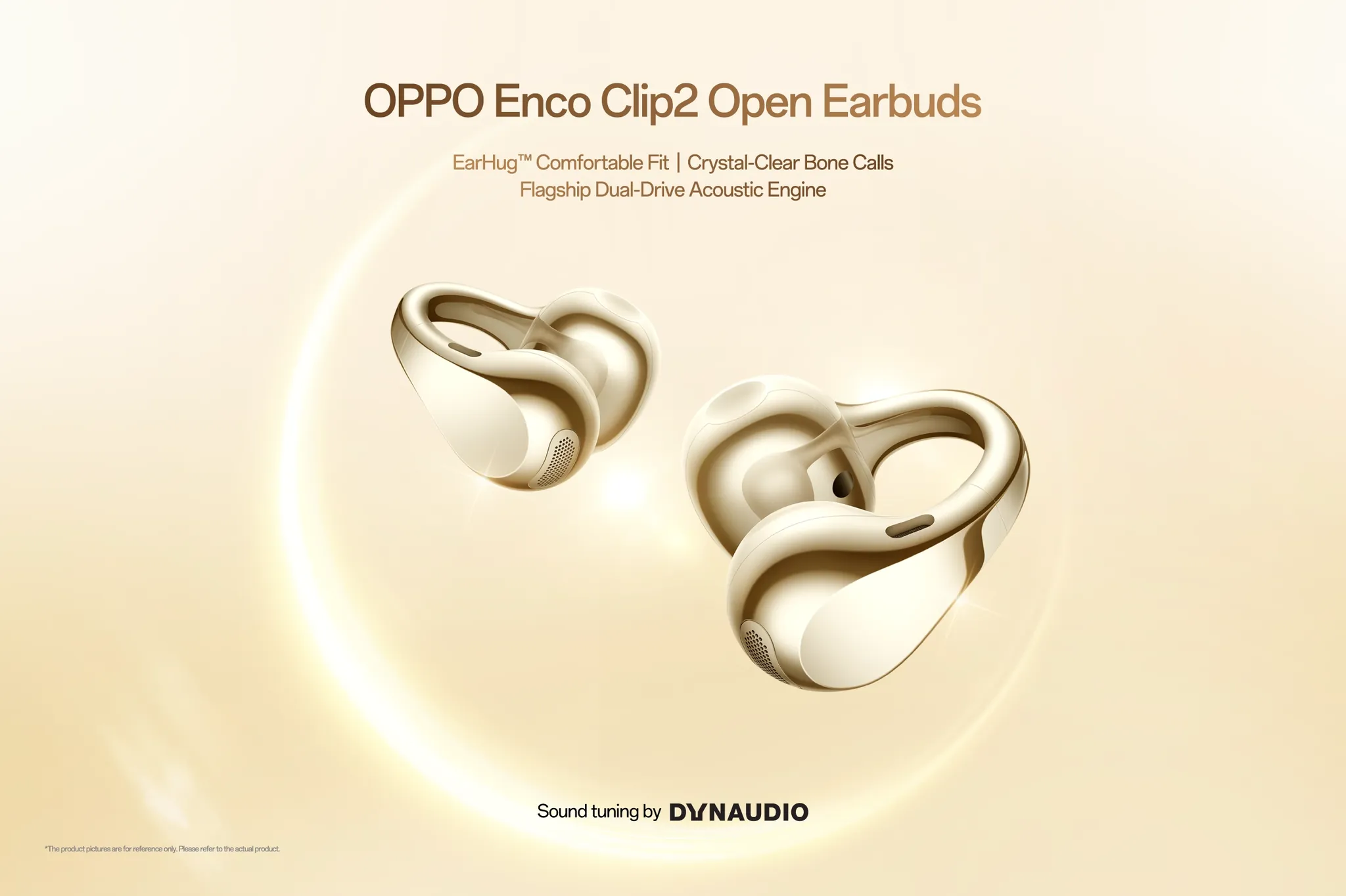 OPPO Enco Clip2 open-ear clip-style earbuds with charging case on a studio background
