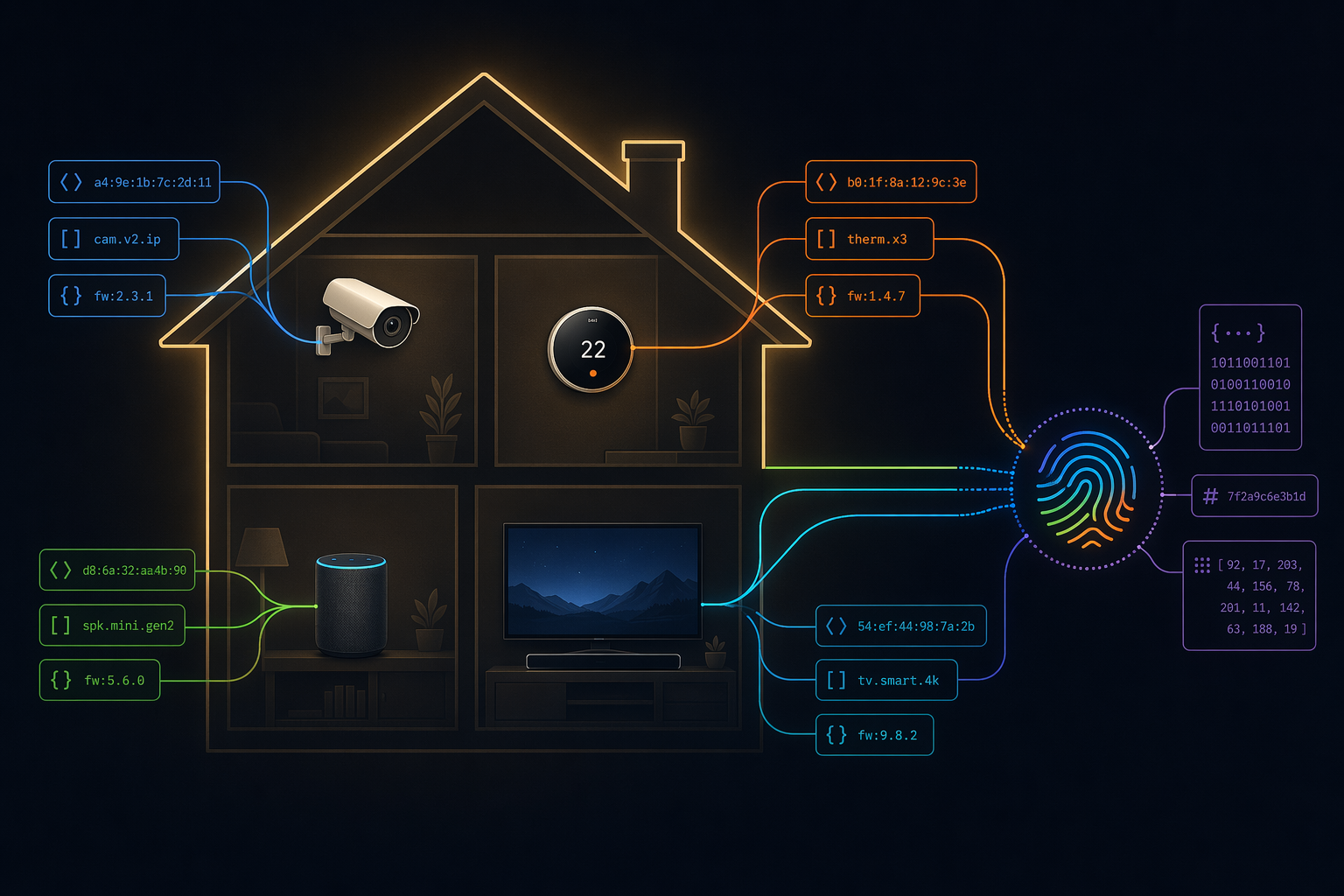 A house outline with IoT devices inside including a camera, thermostat, smart speaker, and TV, each emitting signal lines labeled with data attributes like MAC address, device type, firmware version, and network name, converging outside the house into a fingerprint icon against a dark background.